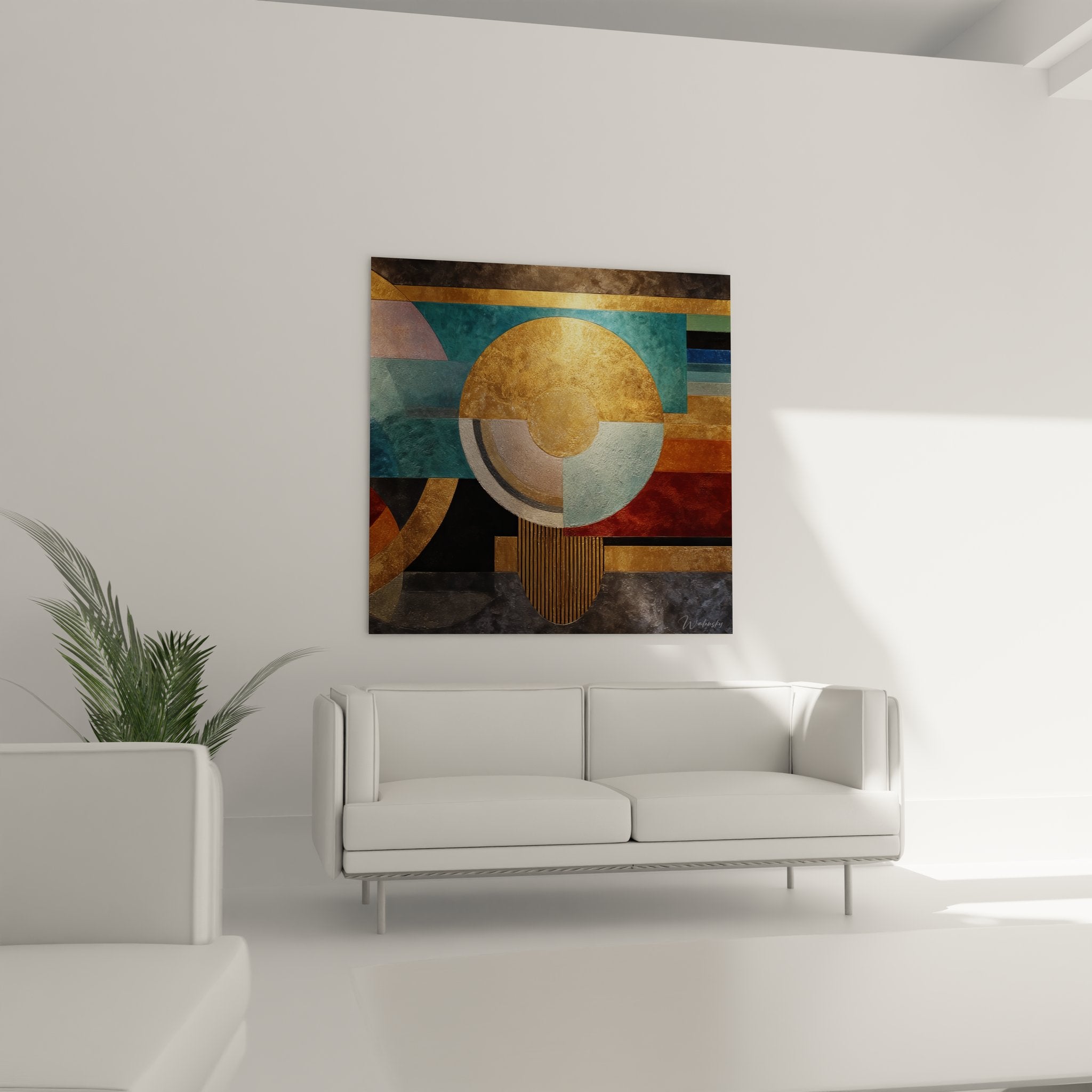 Gros plan détails texture dorée tableau géométrique abstrait motifs africains contemporains