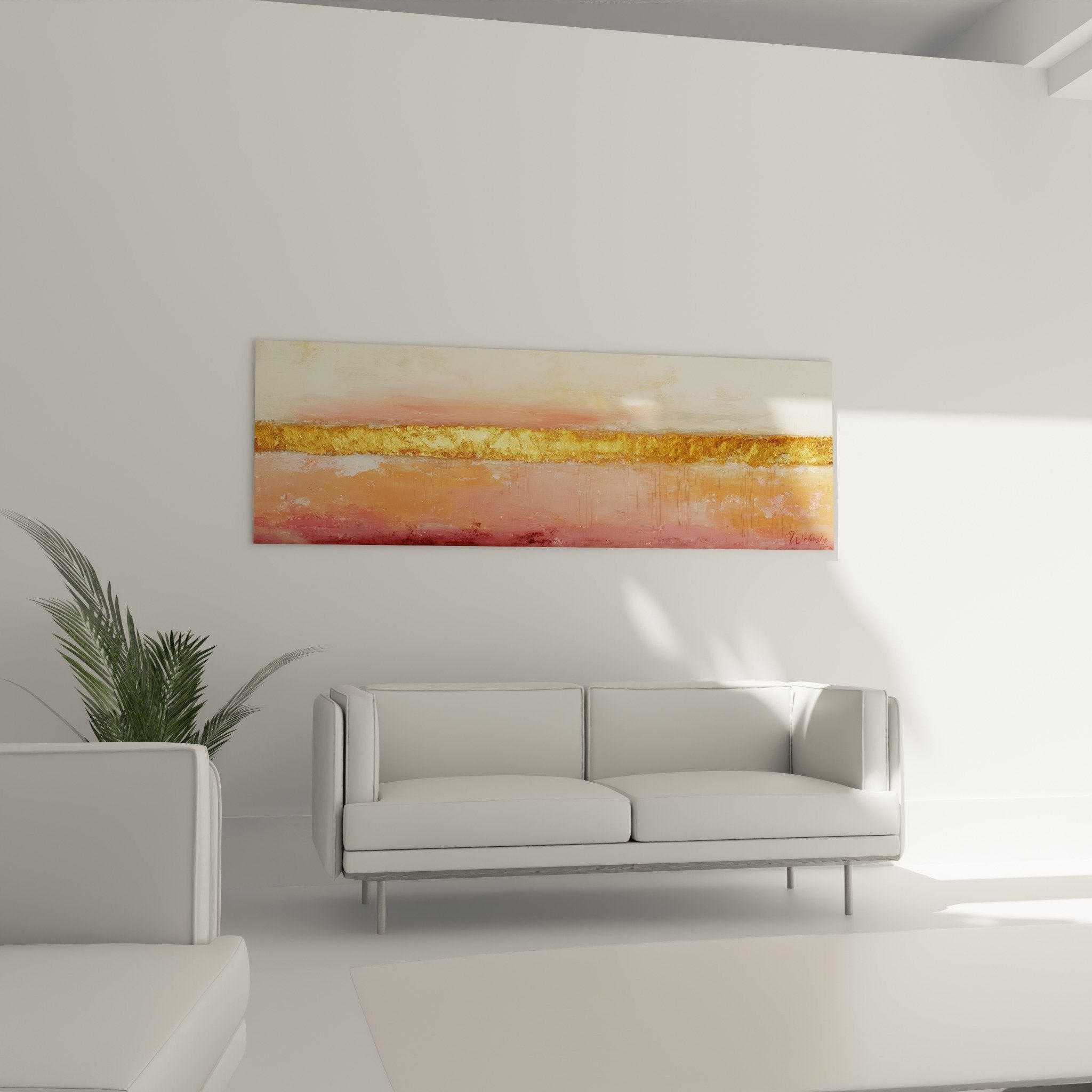 Détail texture dorée et dégradé rose du tableau abstrait Feng shui Sud-Ouest Terre