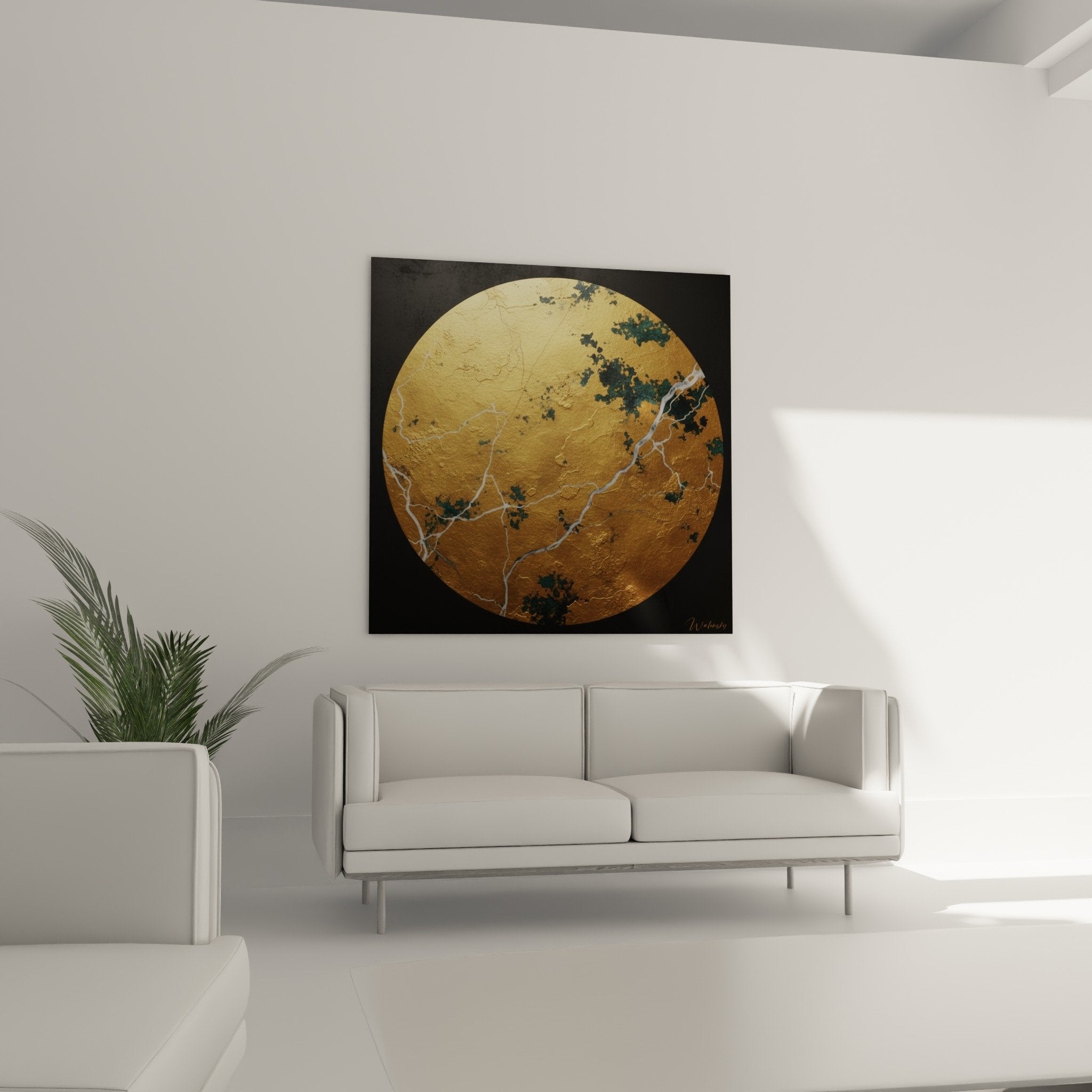 Detailaufnahme strukturierte goldene Risse mit perlmuttweißen Adern und Grünspan-Akzenten - mineralische Enso-Kunst
