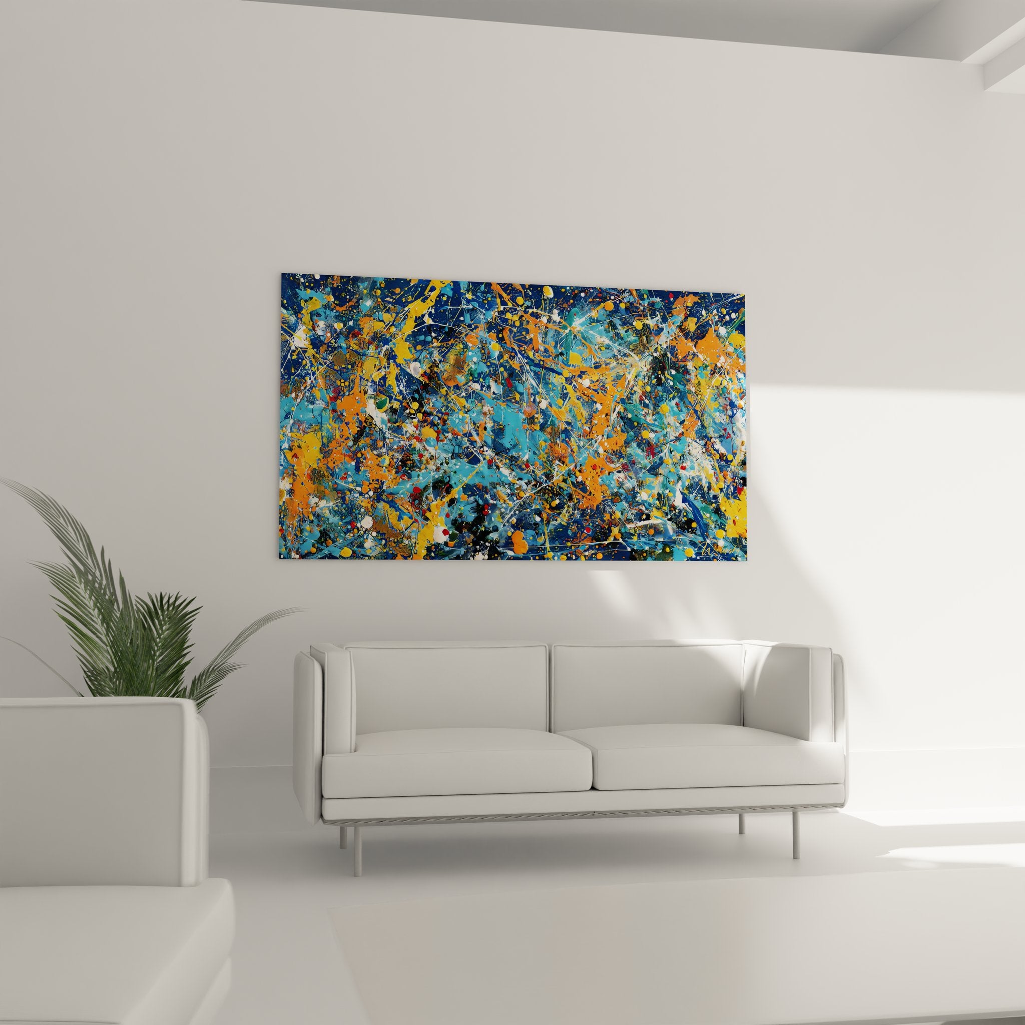 Détail gros plan texture éclaboussures peinture abstraite couleurs vives bleues oranges