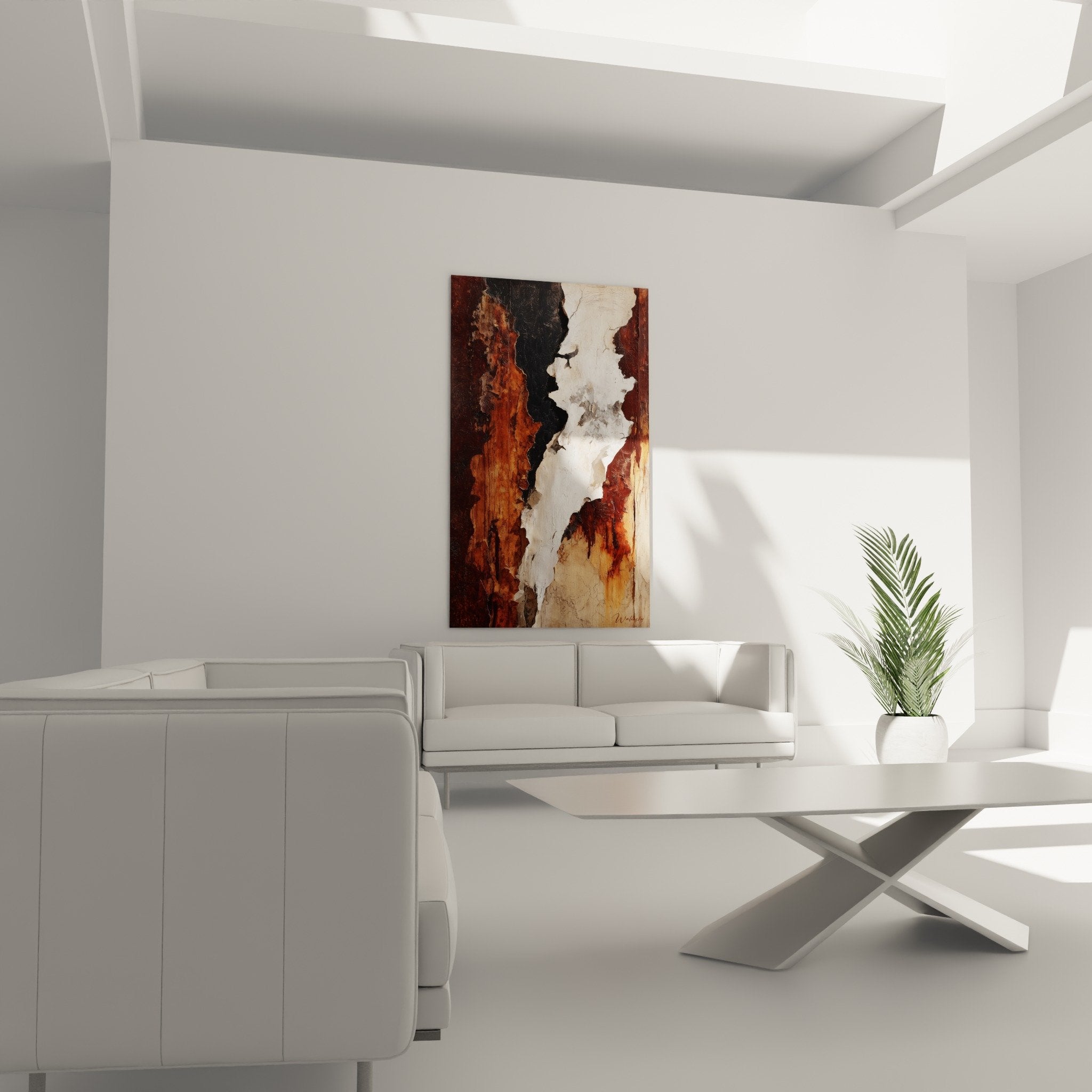 Détail texture empâtée tableau abstrait - Coulées noires sur fond terre de Sienne et blanc