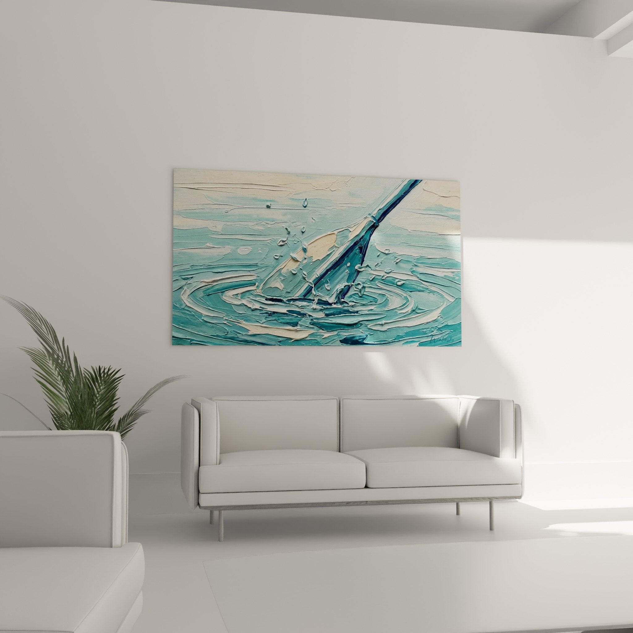 Detail weiße Impasto-Strukturen mit Wasserspritzern, erhabene Maltextur, beiges Paddleboard auf türkisblauem Hintergrund