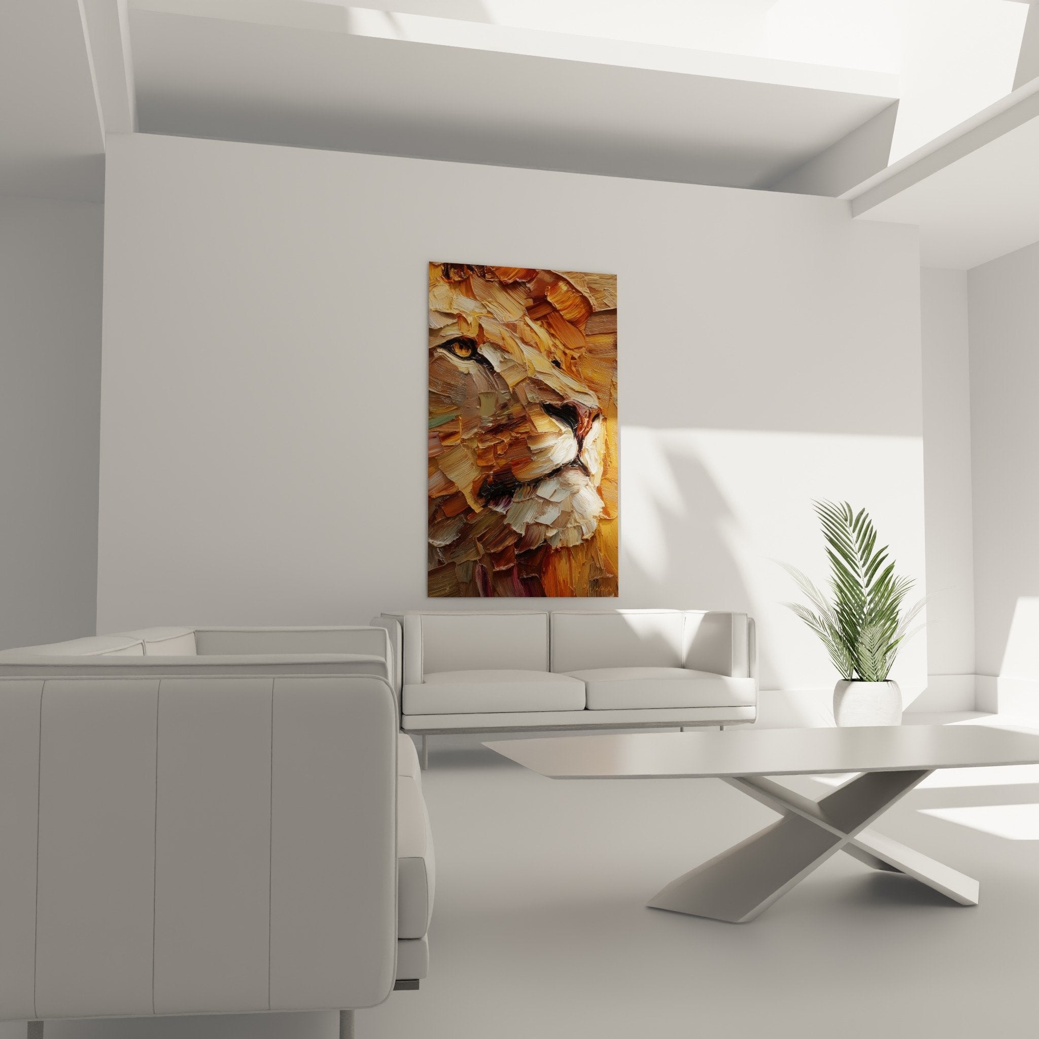 Détail texture empâtement portrait lion peinture épaisse coups de pinceau dorés ocres