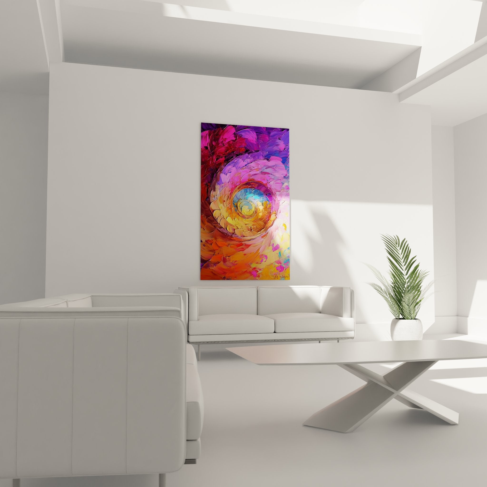 Détail gros plan texture empâtement spirale abstraite, couleurs jaune orange rose effet tourbillon