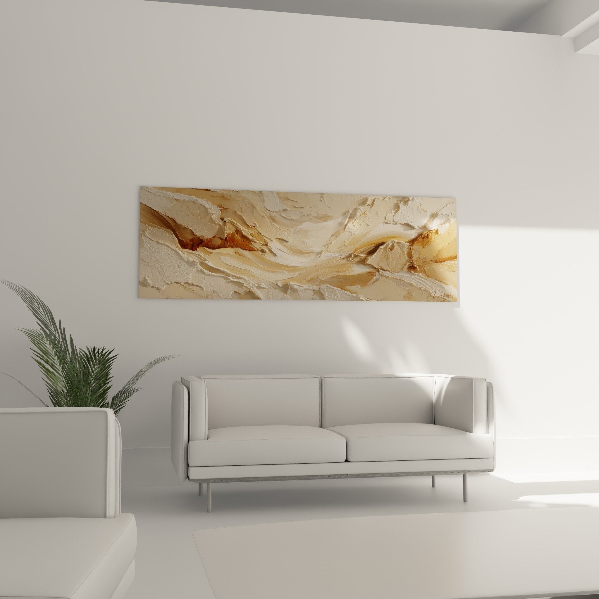 Close-up of the beige ochre relief textures and impasto of the abstract Feng shui Earth Center painting