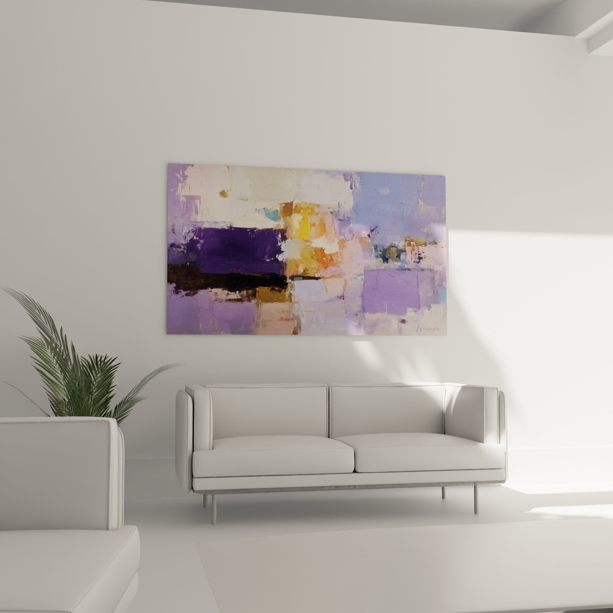 Détail matière picturale empâtée violette orange - Texture reliefs abstrait contemporain Feng shui