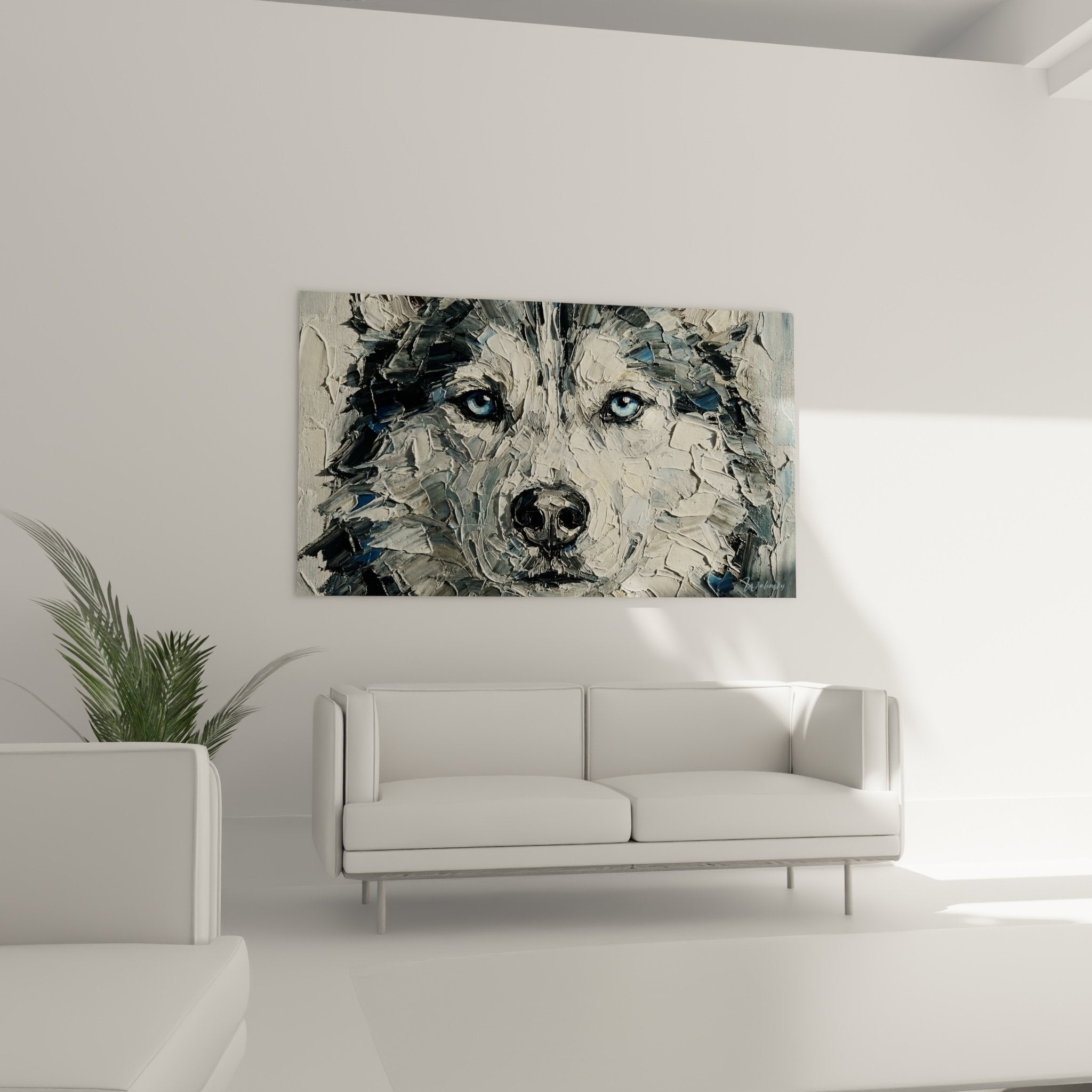 Détail empâtements texture peinture portrait husky pelage gris blanc technique artistique