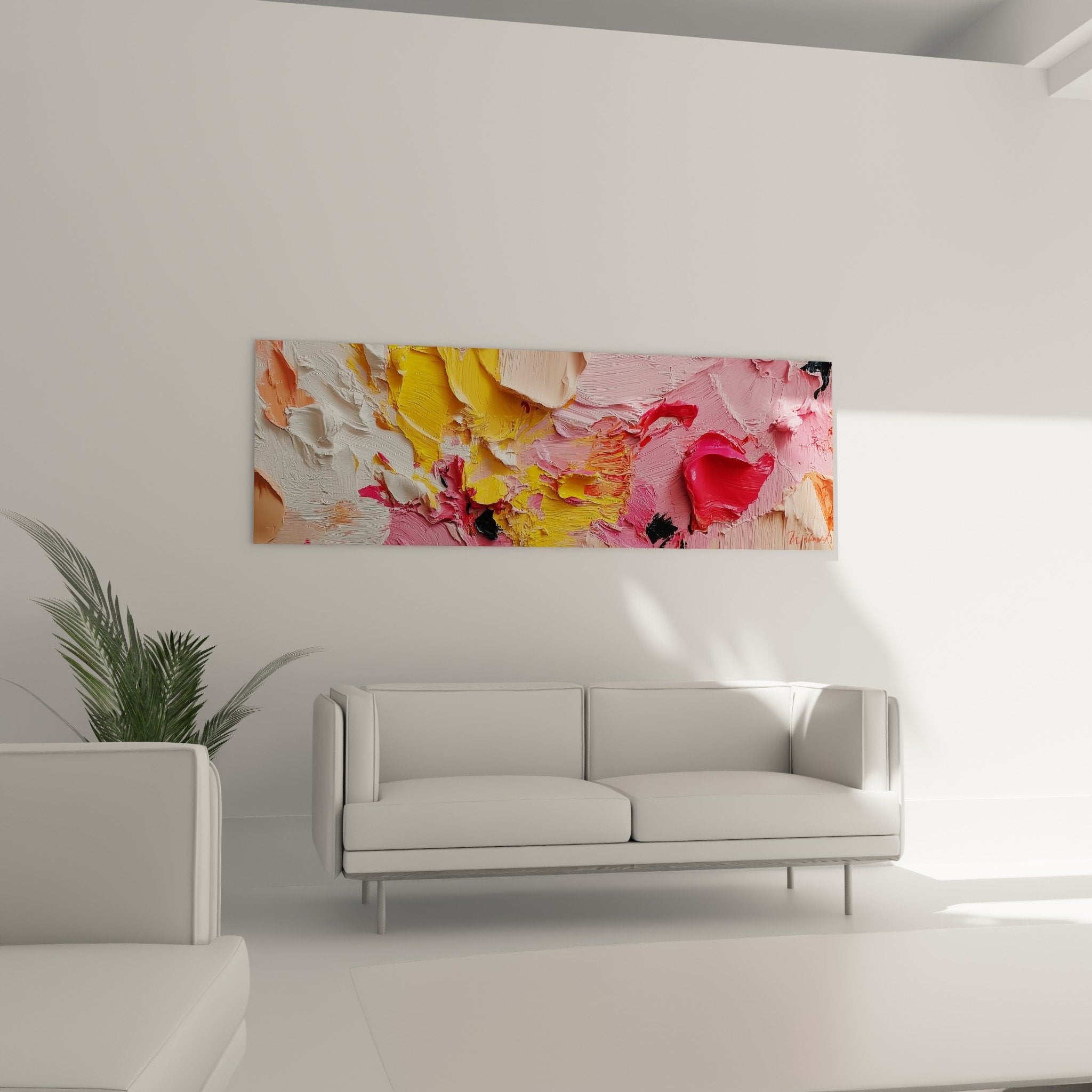 Detail empattements peinture abstraite texture relief roses jaunes oranges couteau palette feng shui