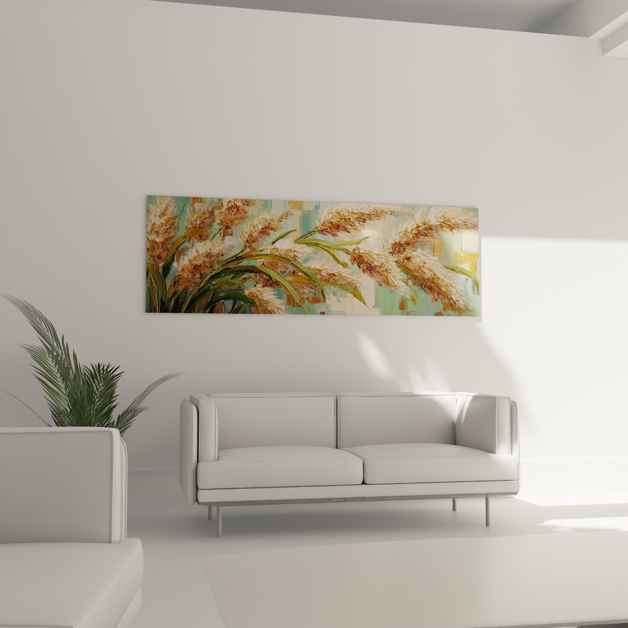Close-up textured impasto golden wheat paint relief - Artistic detail of grasses in copper tones