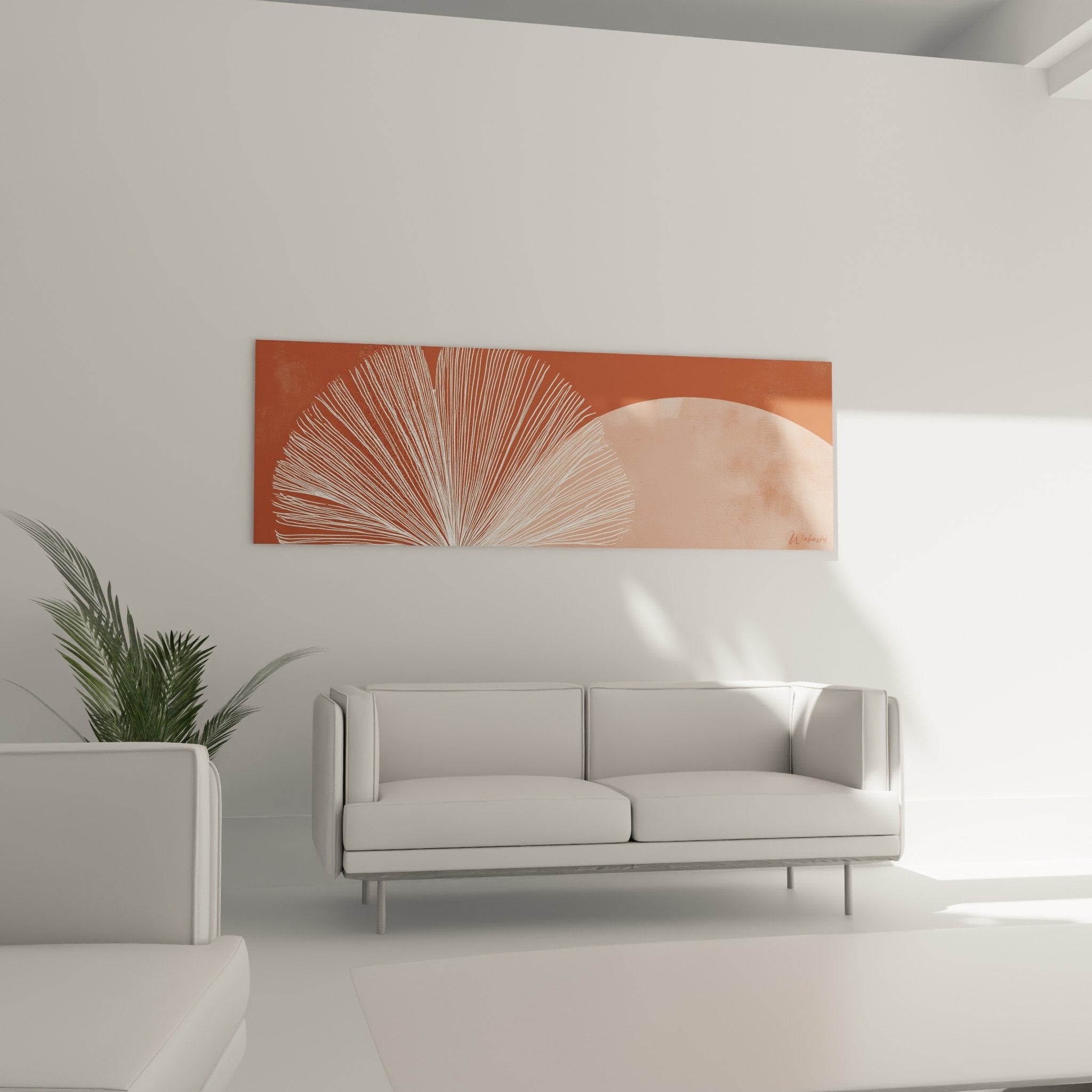 Détail texture peinture éventail géométrique, lignes blanches délicates sur fond terre cuite et rose poudré