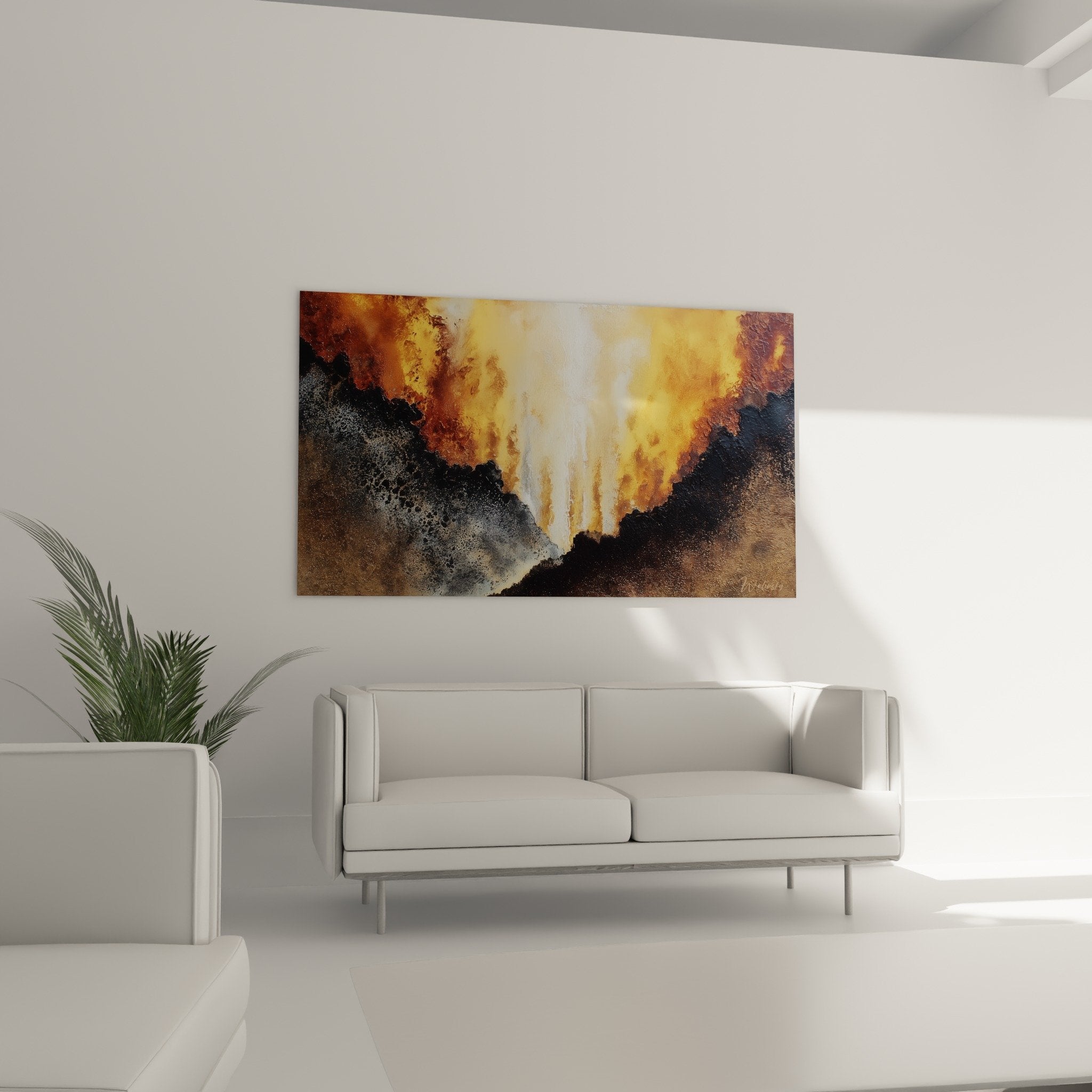 Texturdetail abstraktes Gemälde - Orange Flammen und raue schwarze Felsen - Zeitgenössische Mischtechnik