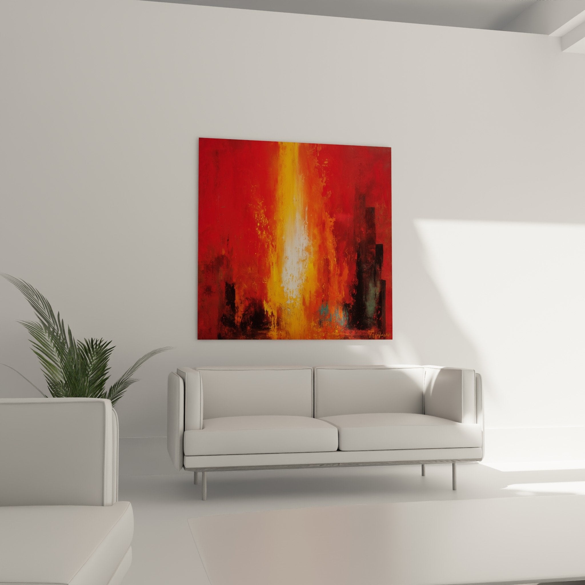Detail texture peinture flammes orange rouge jaune dore tableau abstrait feng shui