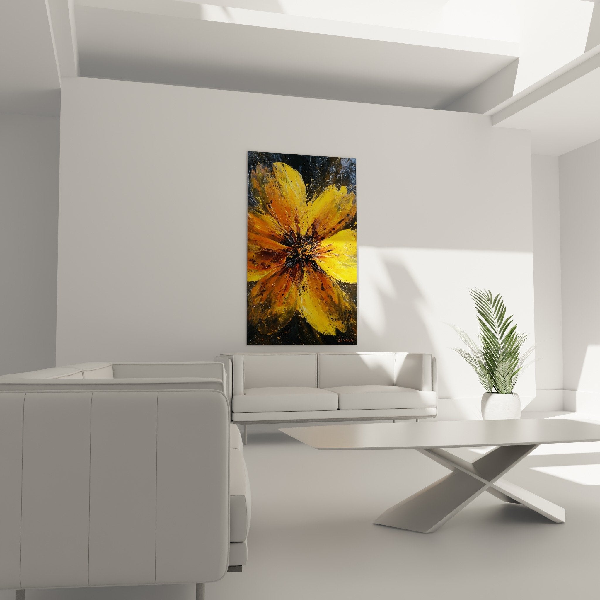 Textured brushstroke painting detail with golden orange splashes abstract flower contemporary art feng shui