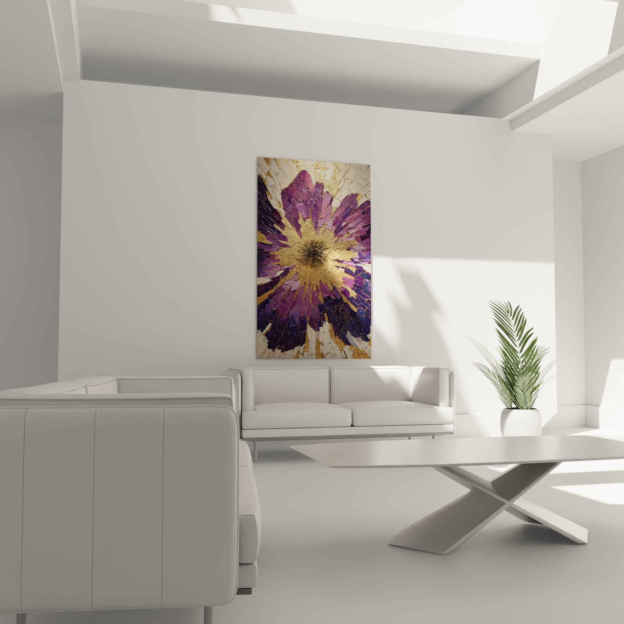 Detail texture craquele tableau fleur violette nuances pourpre mauve effet dore