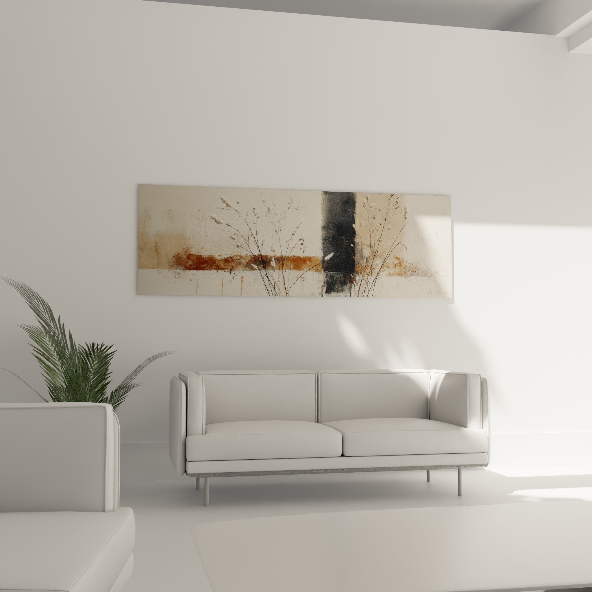 Détail texture tableau graminées montrant traits fins végétaux, nuances rouille et empâtements matière picturale