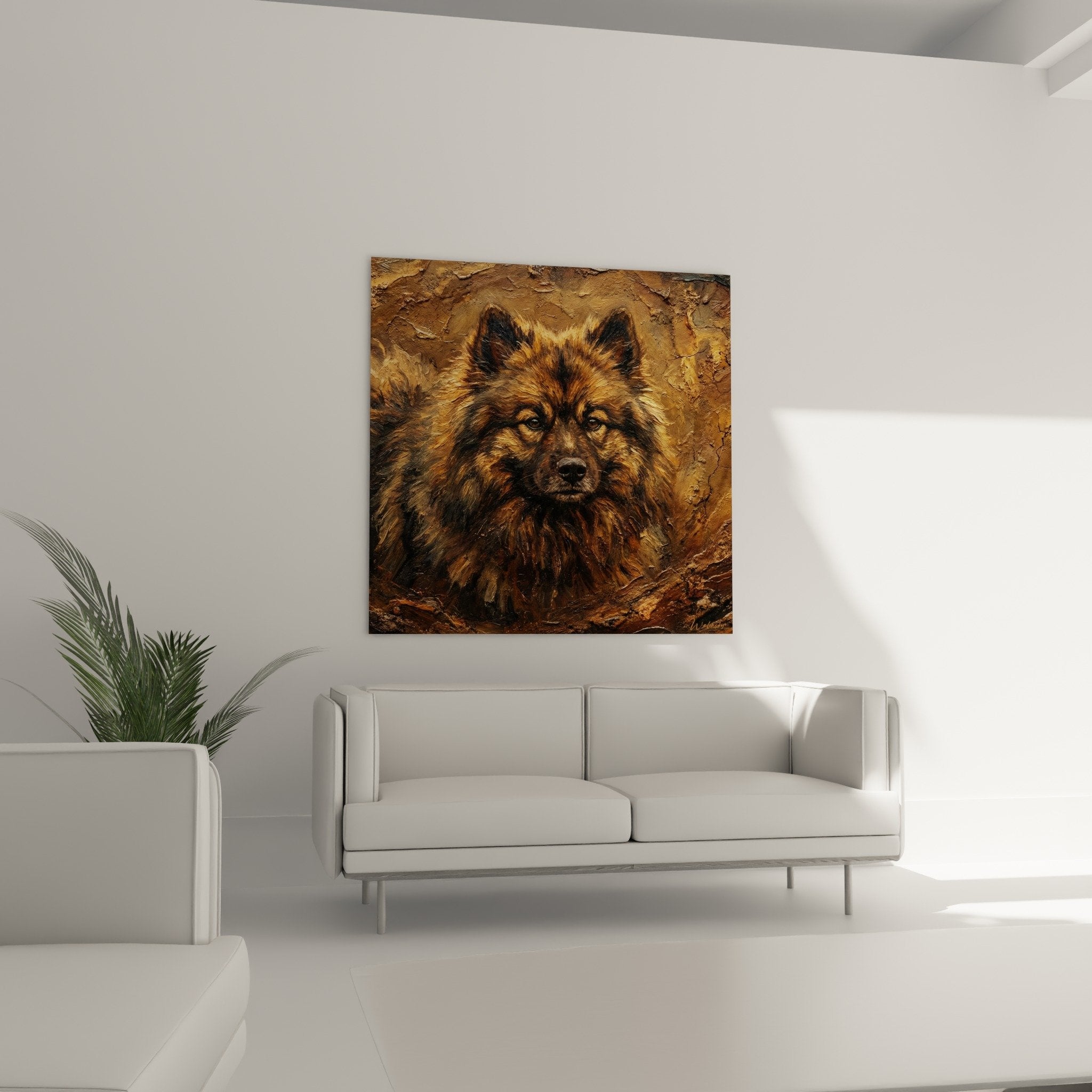 Détail texture peinture Keeshond - technique empâtement pelage doré et cuivré portrait animalier réaliste