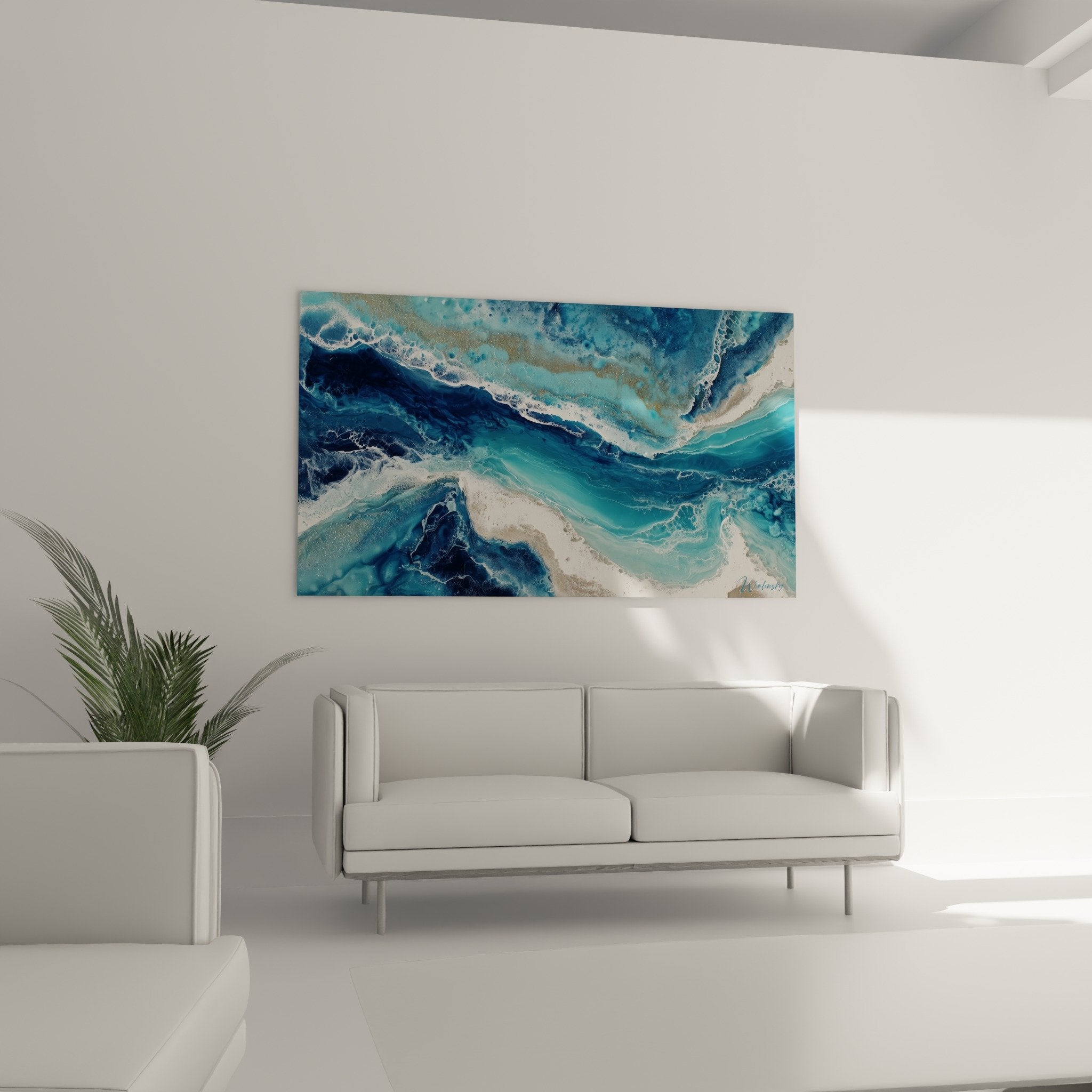 Close-up detail of abstract marble texture turquoise blue white veins gold effect aquatic look