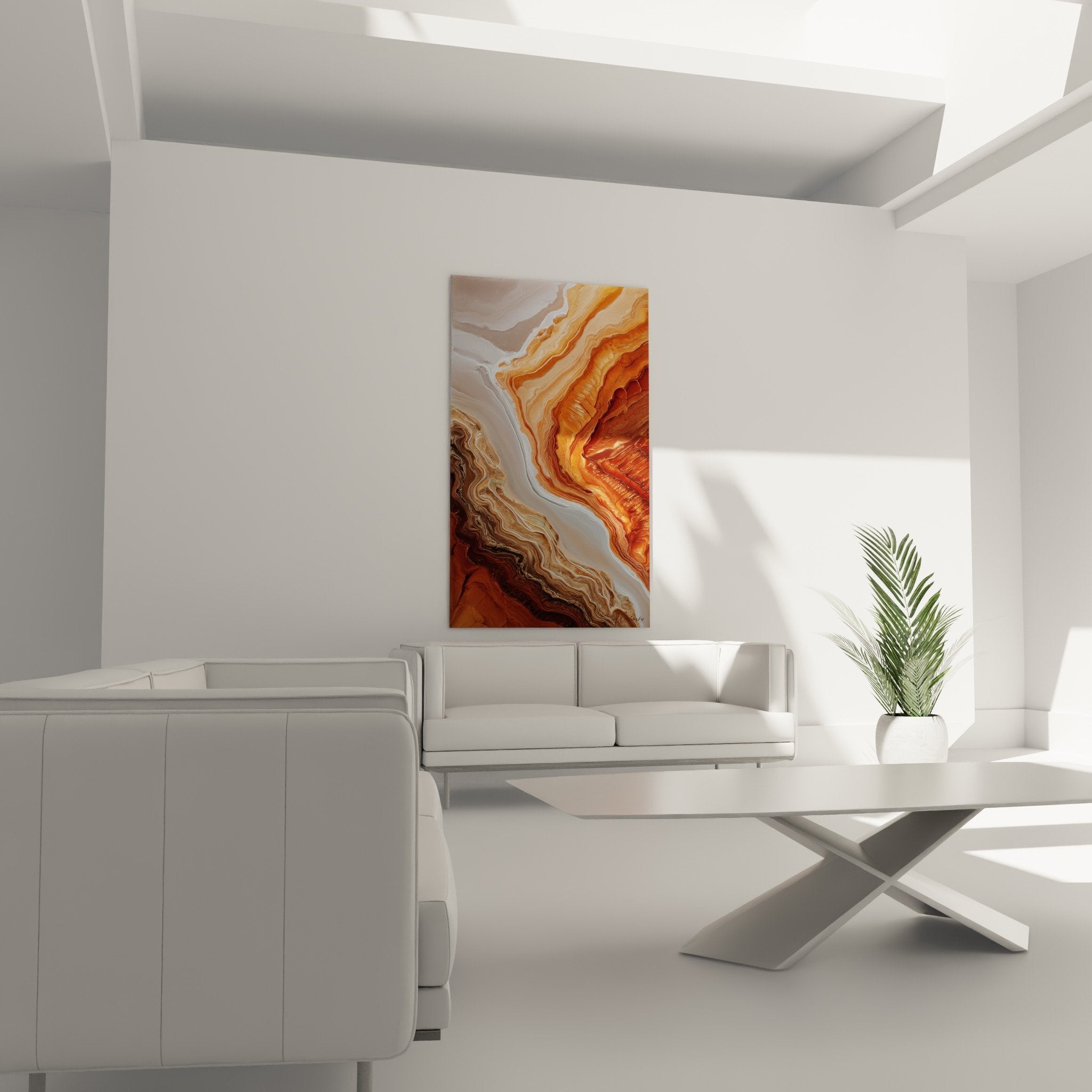 Détail rapproché texture marbrée orange terracotta et blanc tableau abstrait feng shui terre