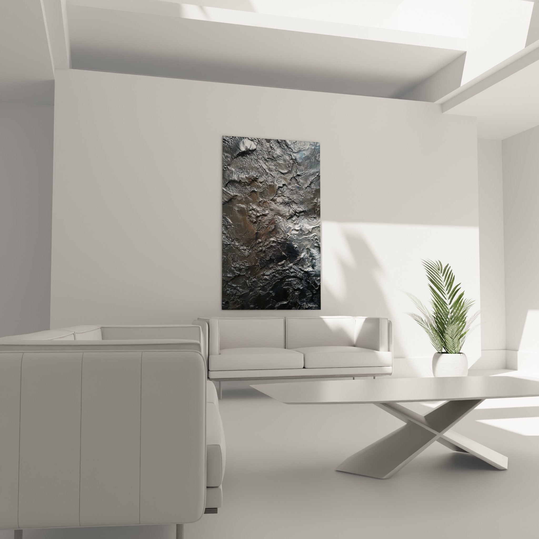 Metallic silver textured detail with wavy relief and light reflections abstract feng shui metal artwork