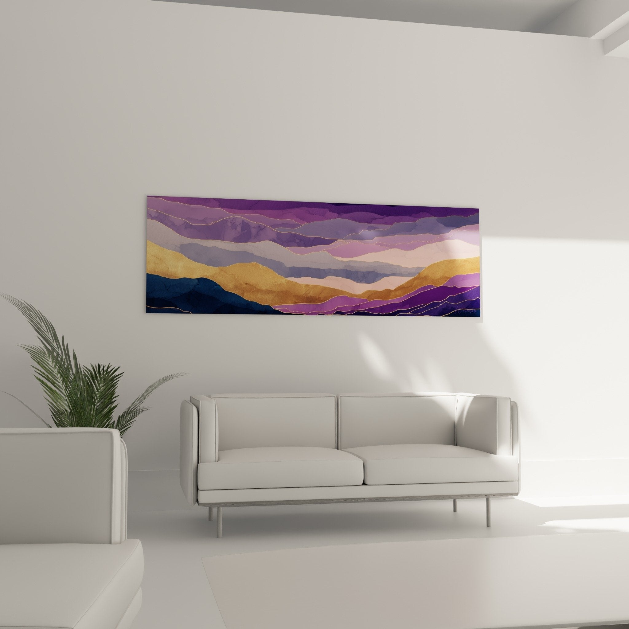 Abstract mountain painting textured relief purple orange chromatic nuances feng shui art