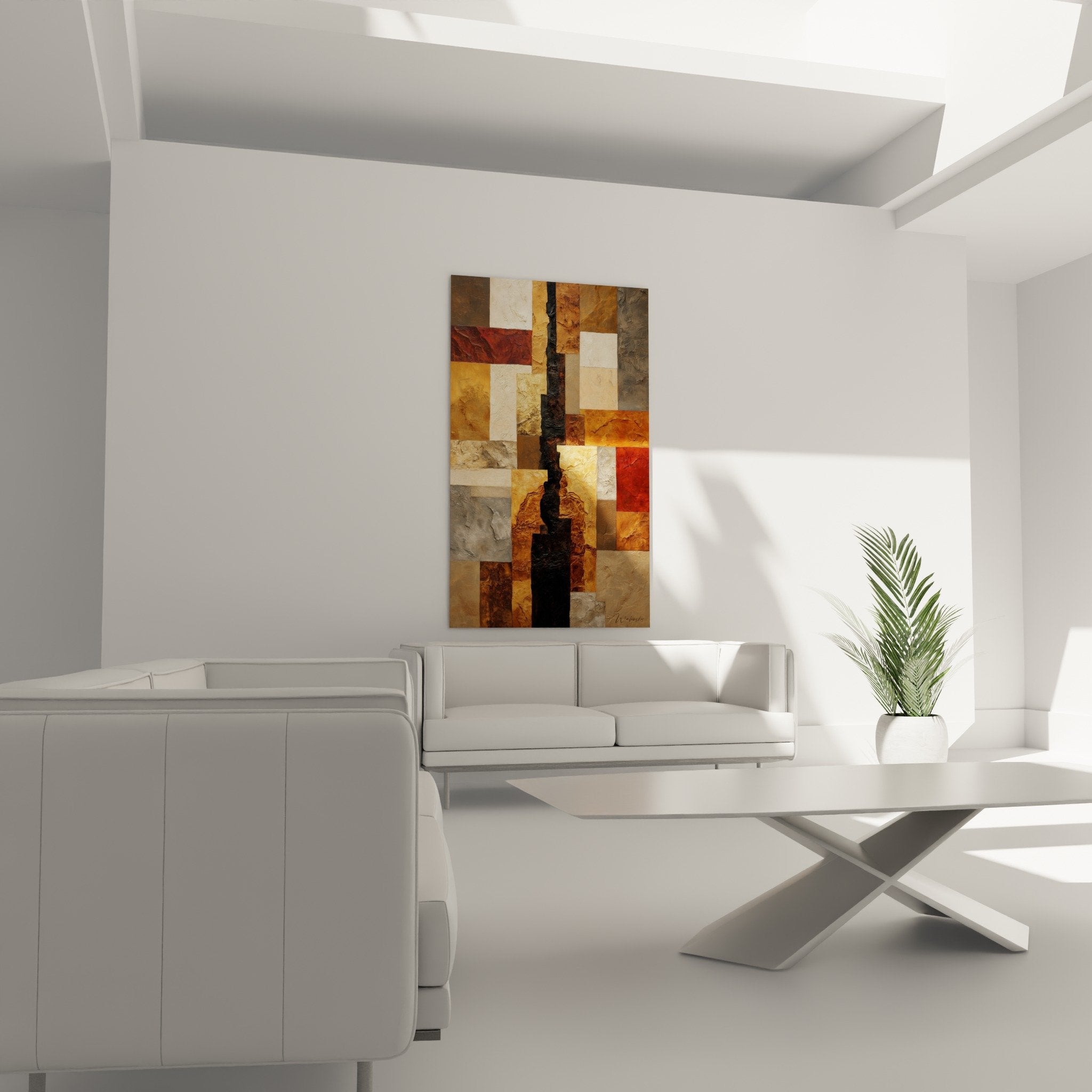 Detailansicht raue Oberflächentextur Mosaiktafel Ocker Relief Strukturpaste Feng Shui Erdzentrum
