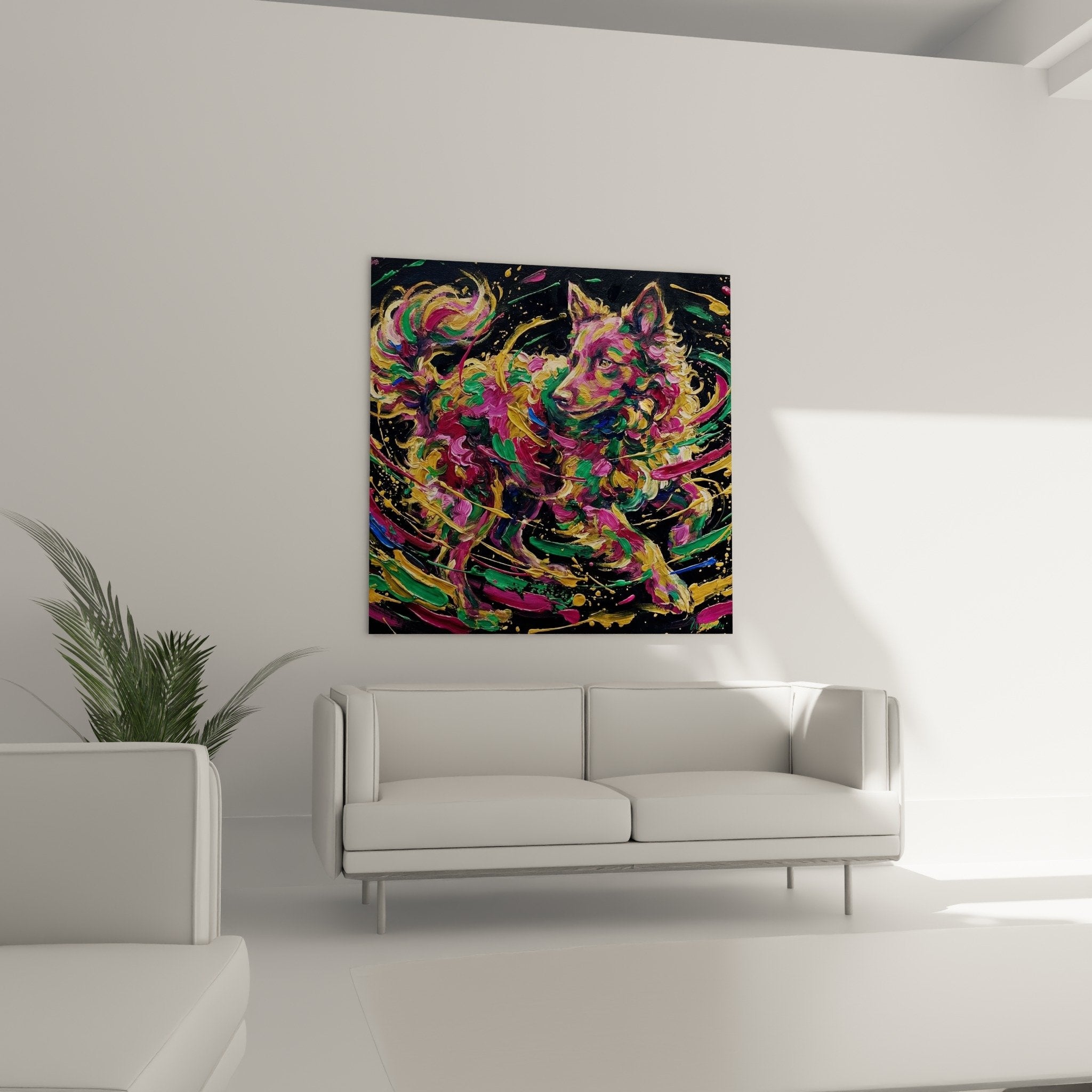 Mudi artwork texture detail with golden accents and raised pink and green paint relief