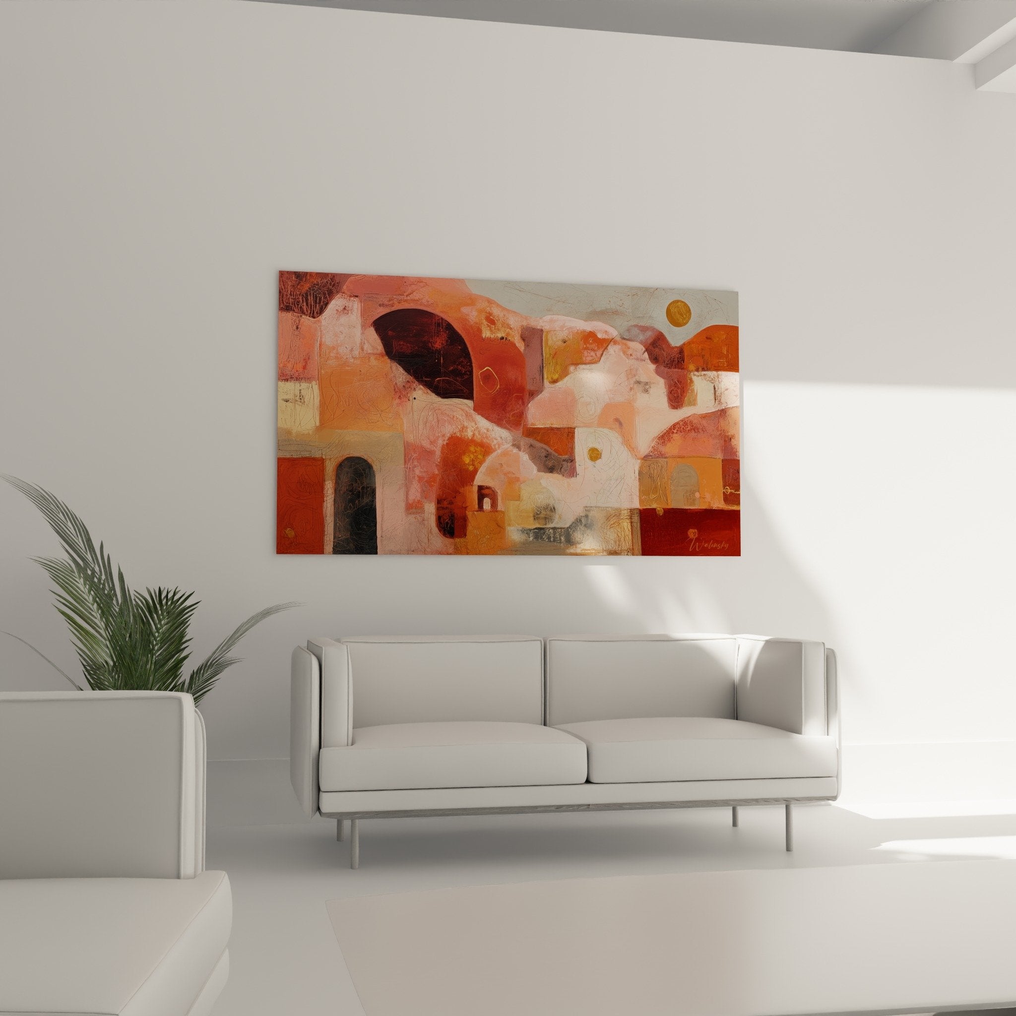 Detail texture tableau abstrait ocre terre cuite superposition matieres cercles dores feng shui sud-ouest