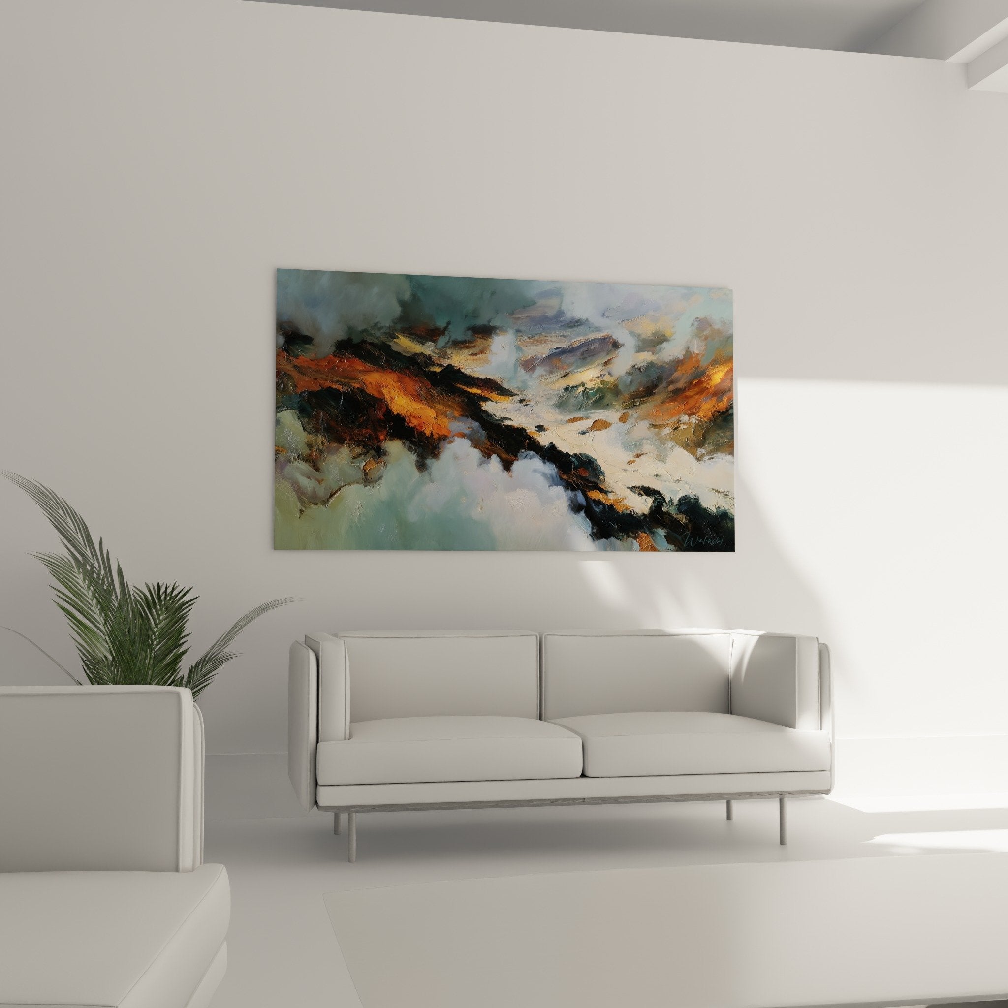 Detailansicht abstrakte Gemäldetextur Orange Kupfer Türkis Impasto Feng Shui