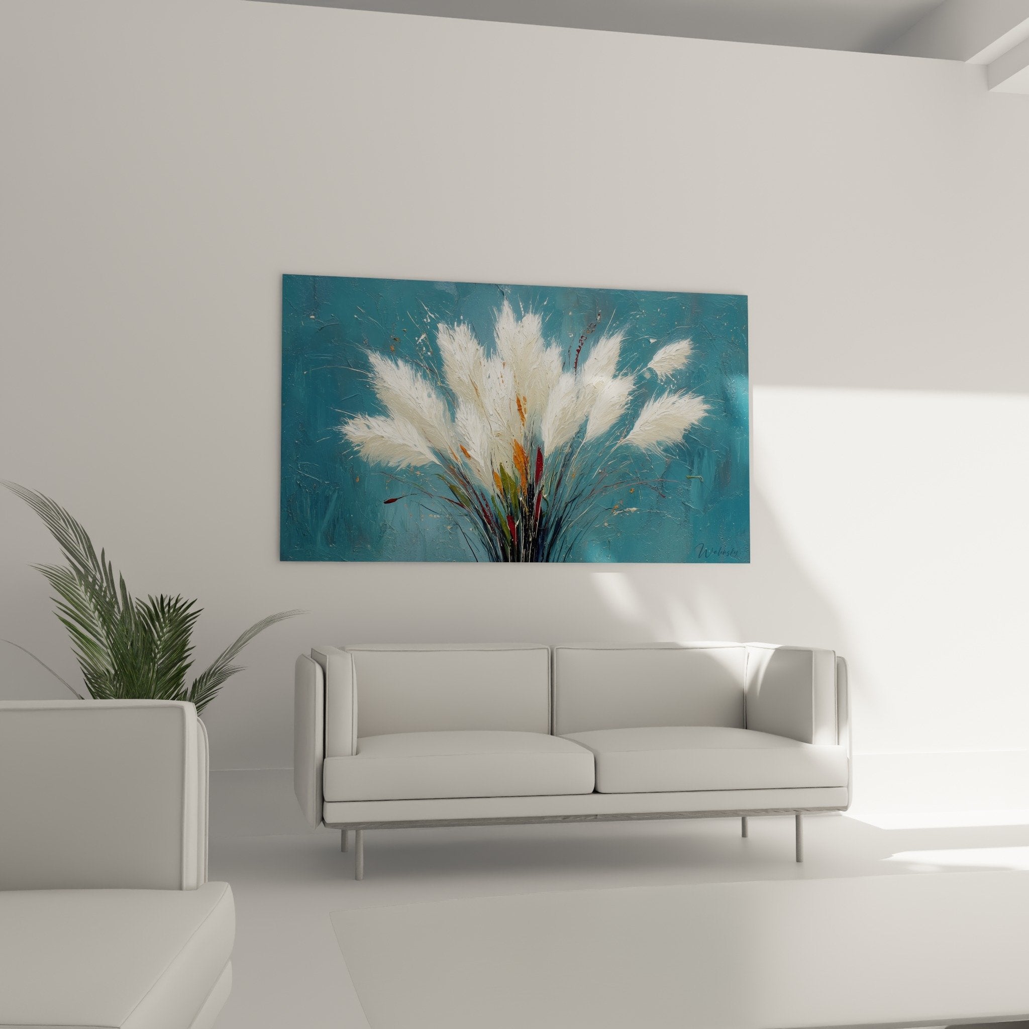Close-up detail of white pampas with feathery texture, impasto paint, orange green and burgundy stems artistic