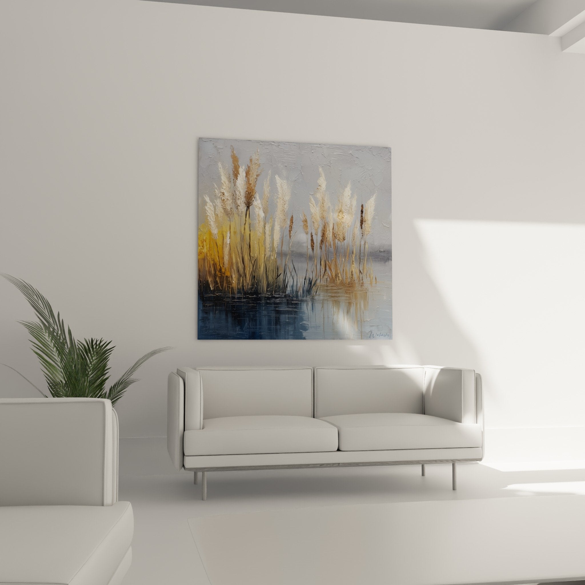 Détail peinture pampas dorés texture empâtement plumes beiges
