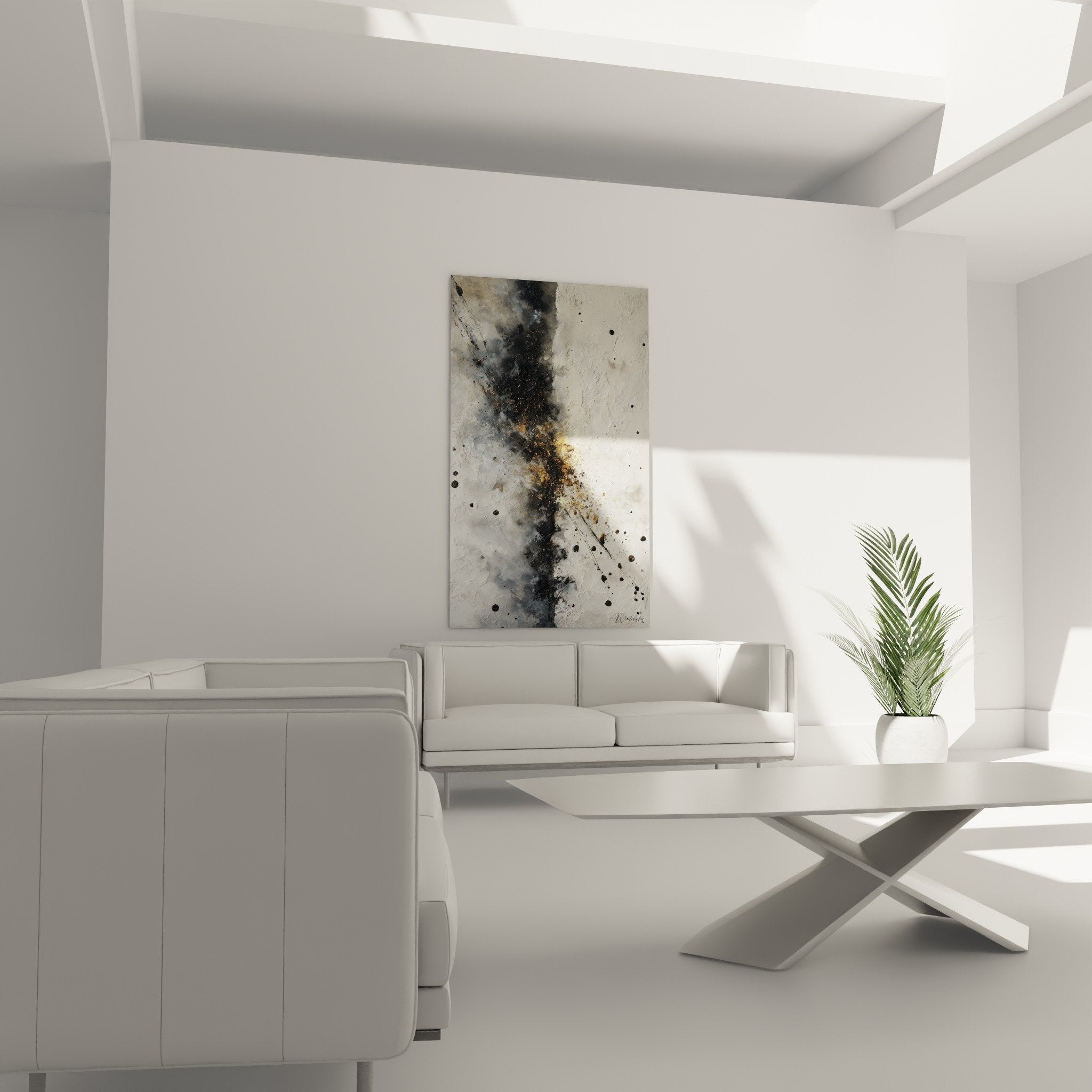 Detail texture granuleuse particules dorees projections noires tableau abstrait feng shui metal