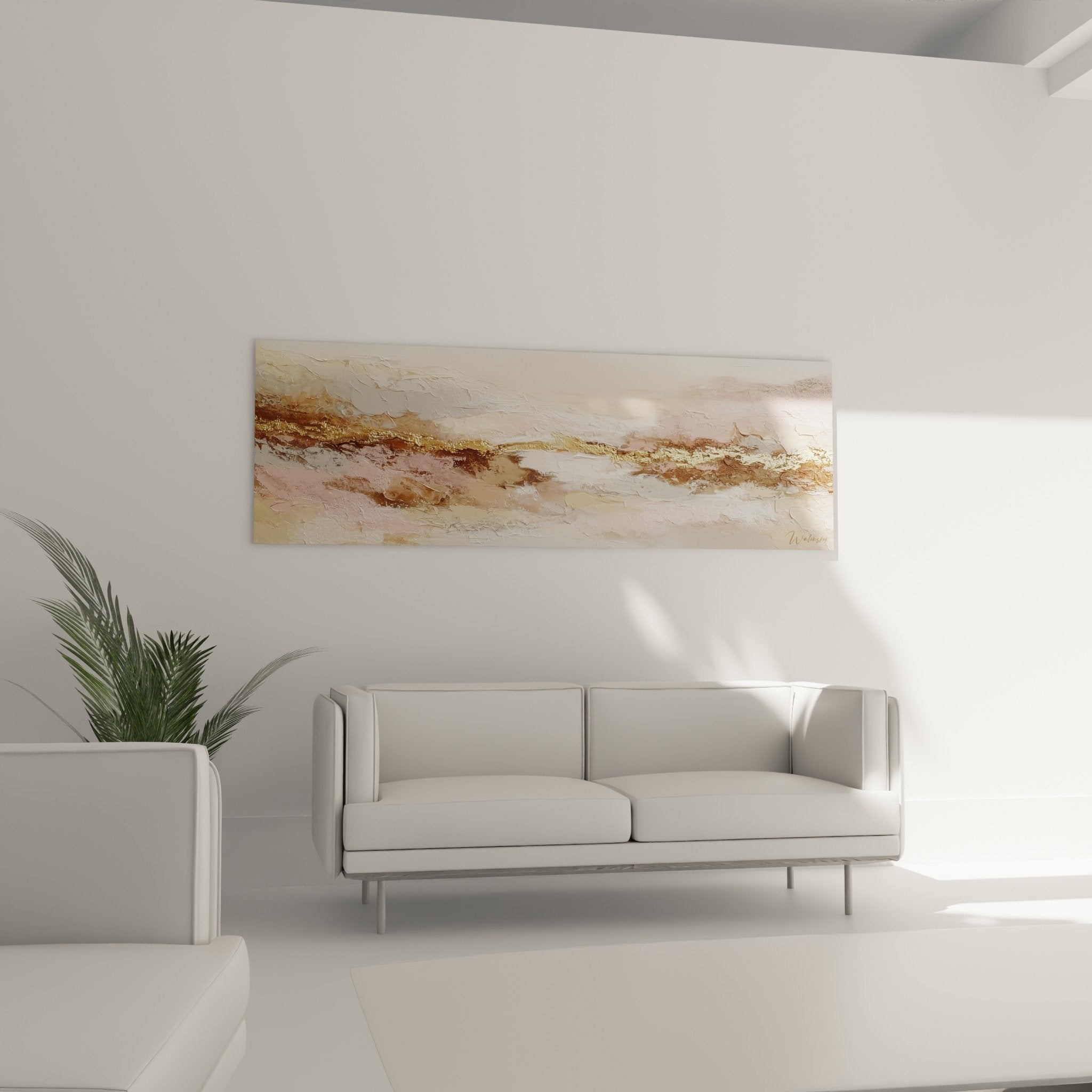 Détail texture peinture abstraite avec rehauts dorés et nuances rose poudré sur fond beige