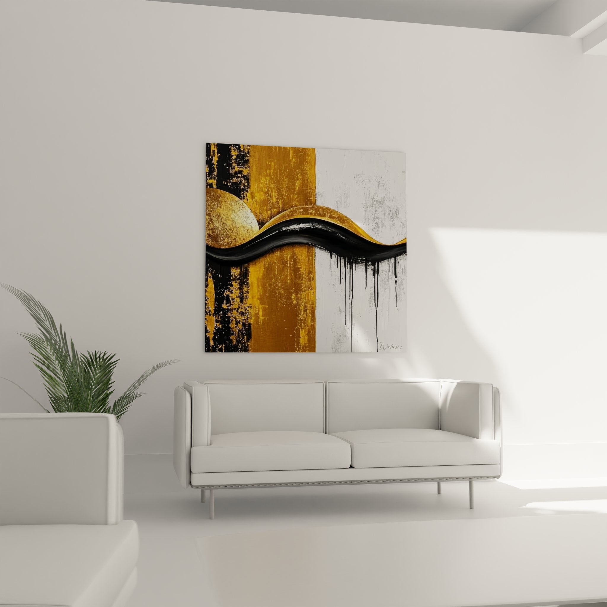 Détail gros plan texture peinture abstraite dorée, empâtements et coulures liquides art moderne mural