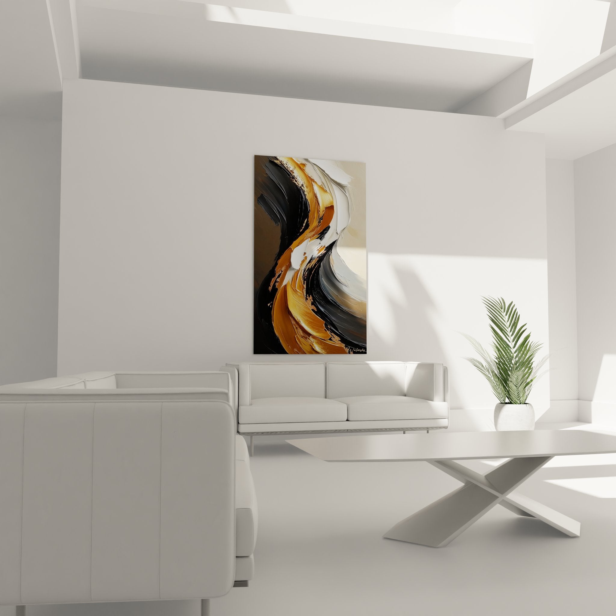 Détail texture peinture abstraite dorée, matière fluide et reflets métalliques sur toile moderne