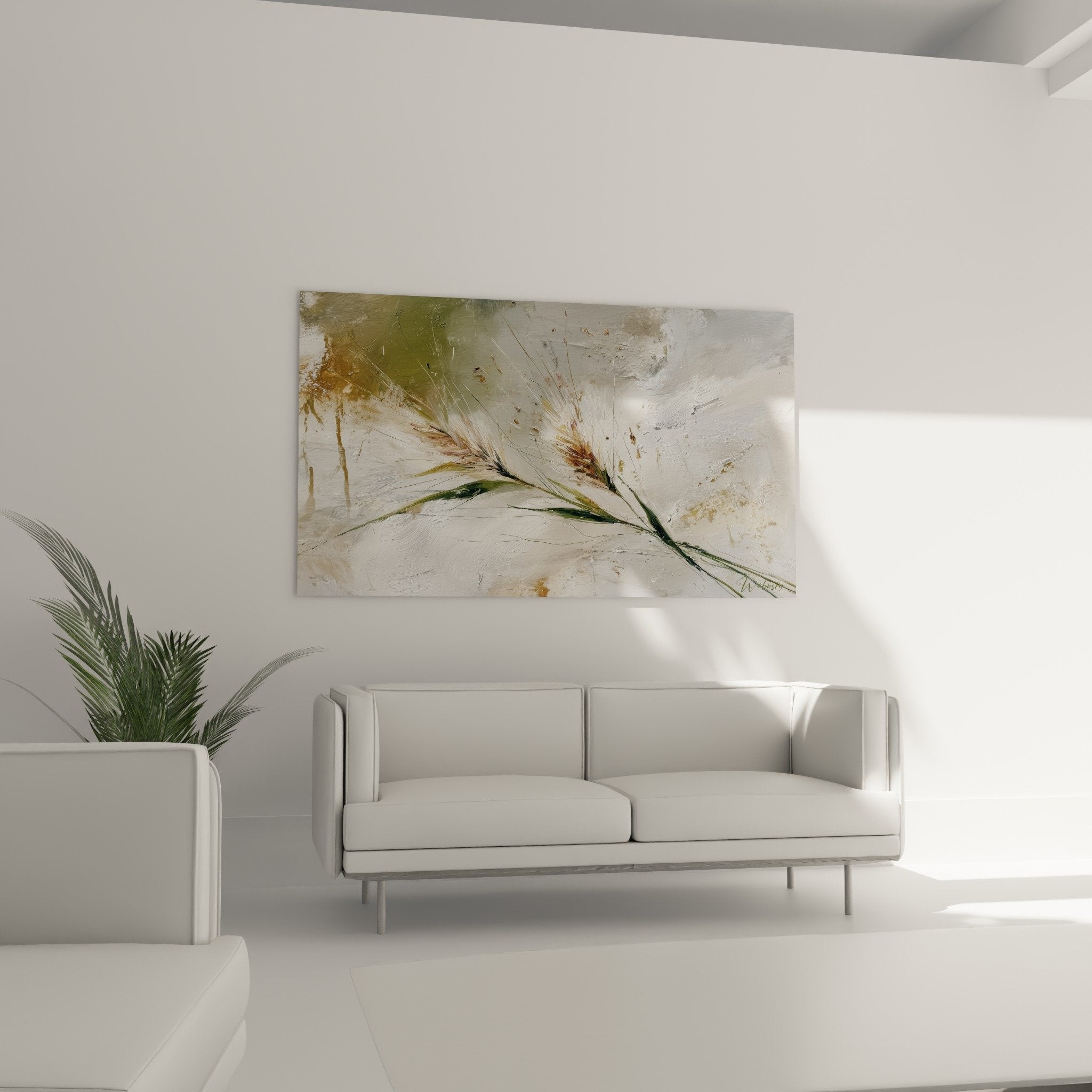 Détail texture peinture épis blé dorés, matière picturale graminées empâtements ocre vert technique moderne