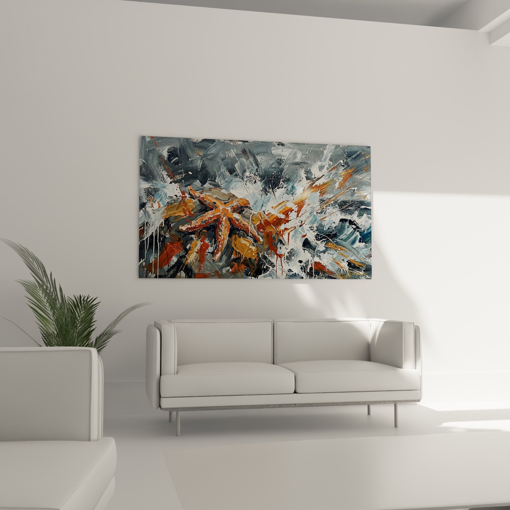 Detail matiere epaisse peinture abstraite etoile de mer orange gris texture