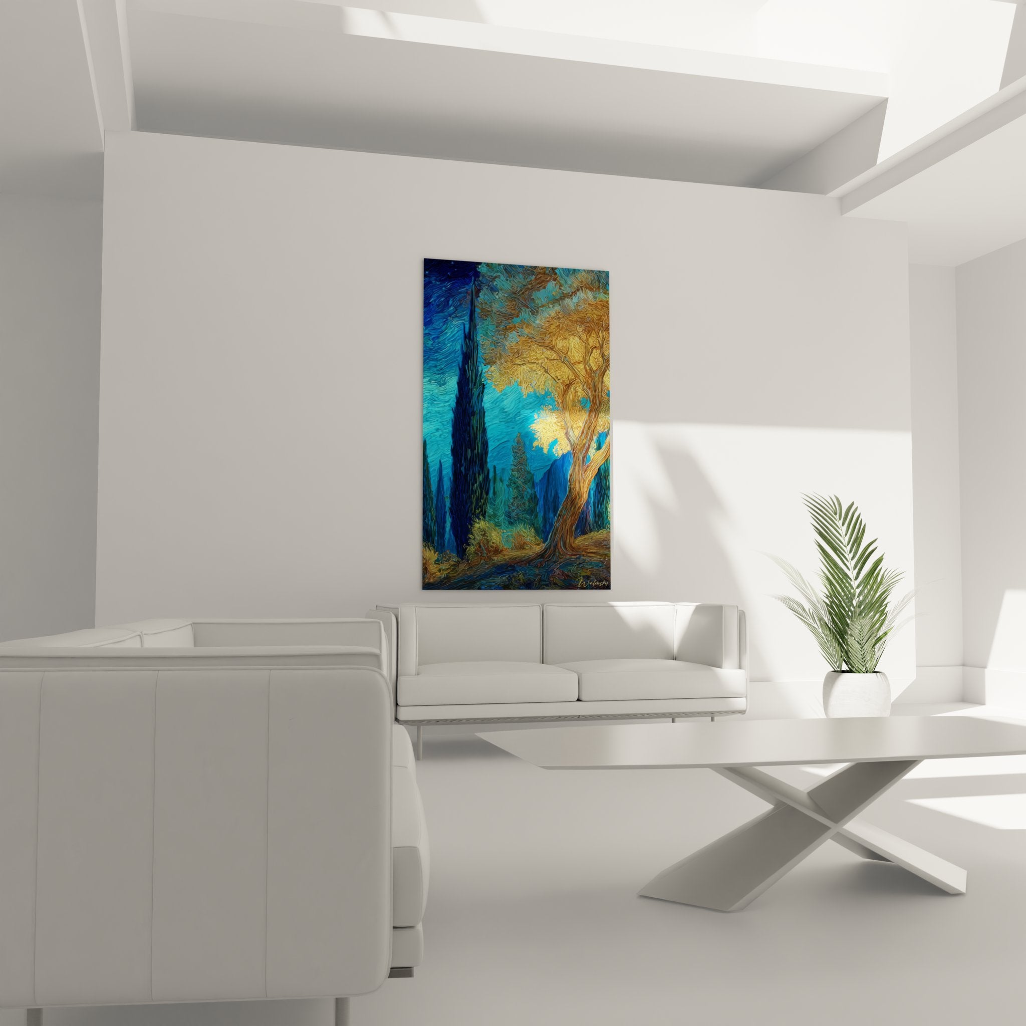 Détail gros plan tableau forêt montrant texture coups pinceau et feuillage doré