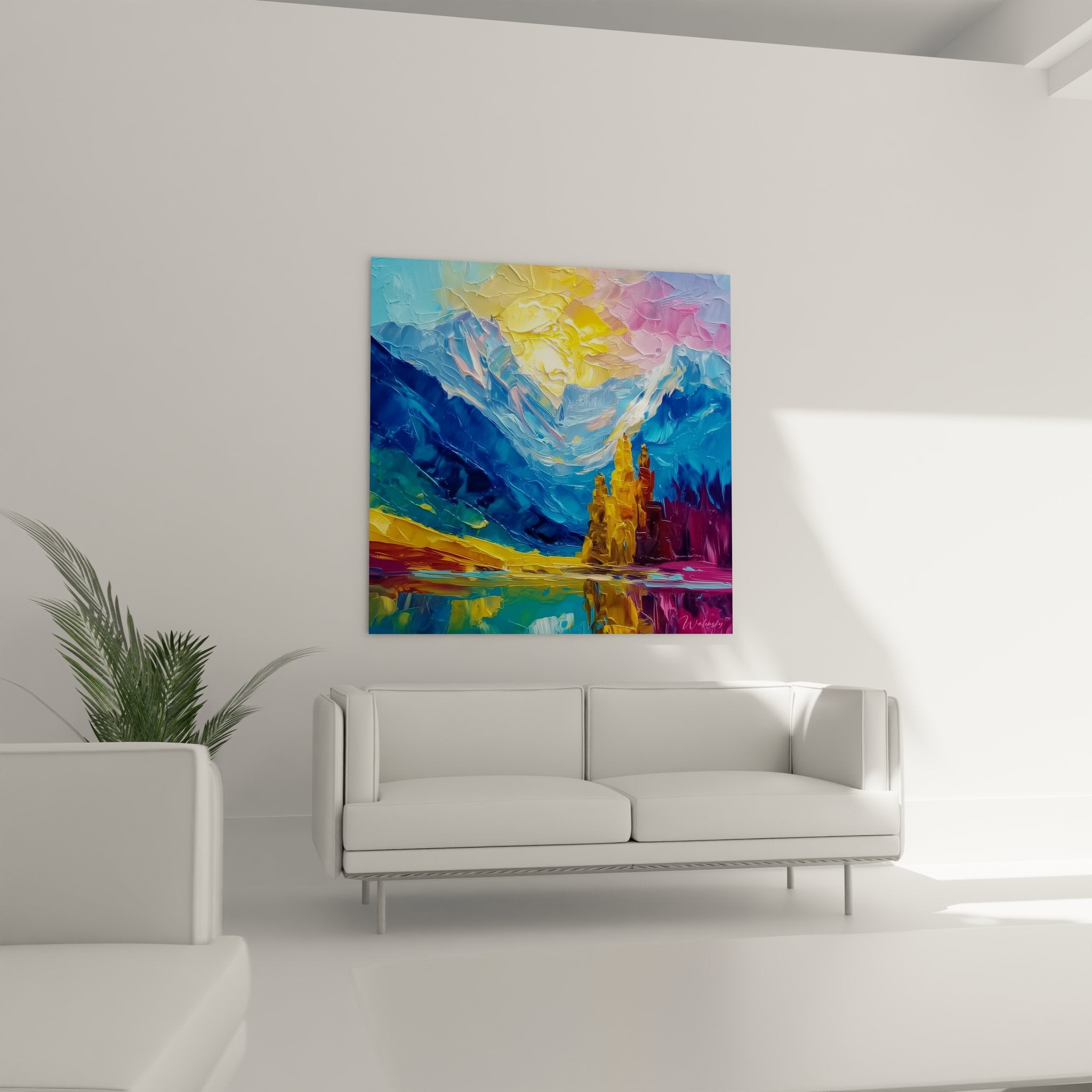 Détail texture peinture montagne, technique couteau pâte épaisse couleurs vives