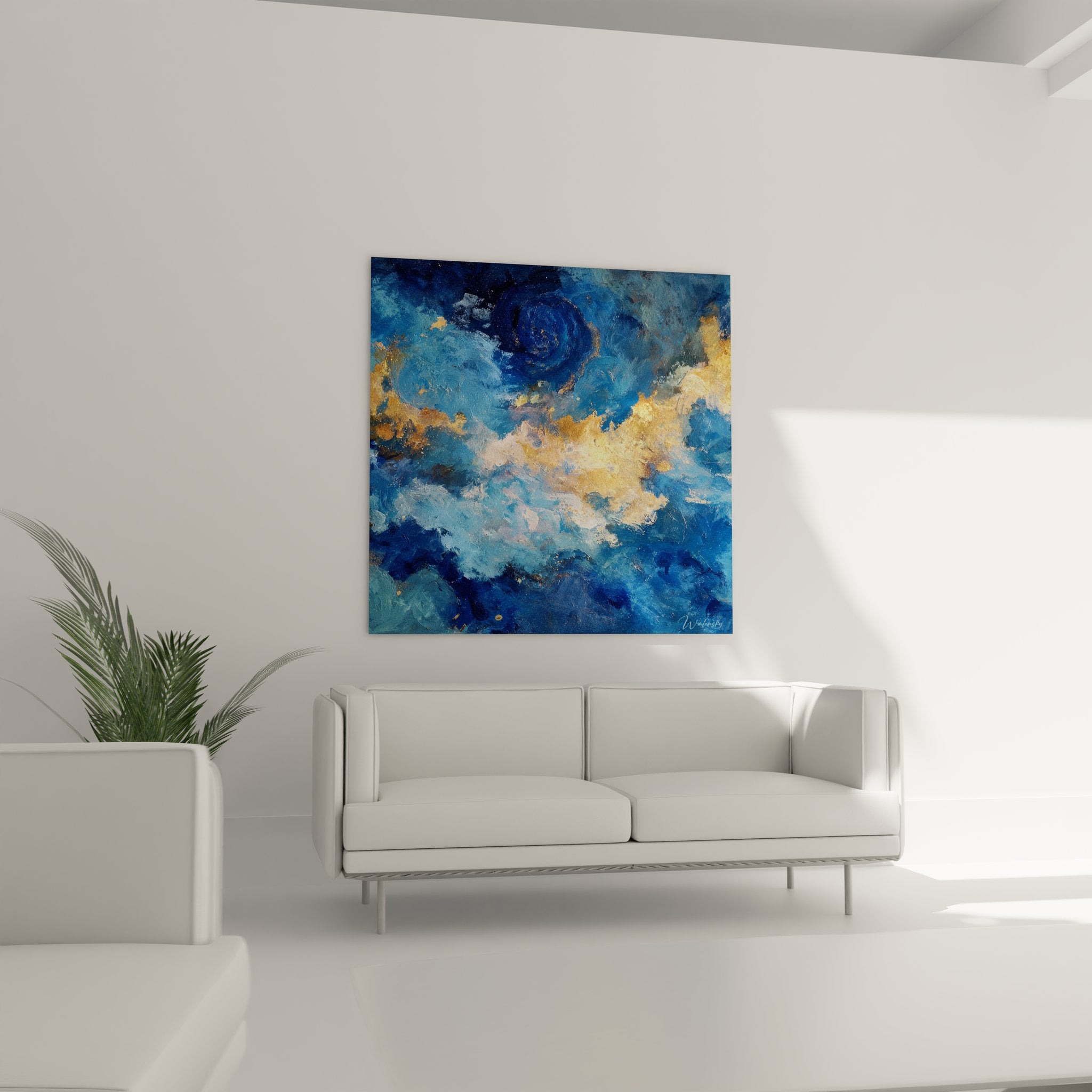 Gros plan texture peinture abstraite nuages dorés bleus détails artistiques