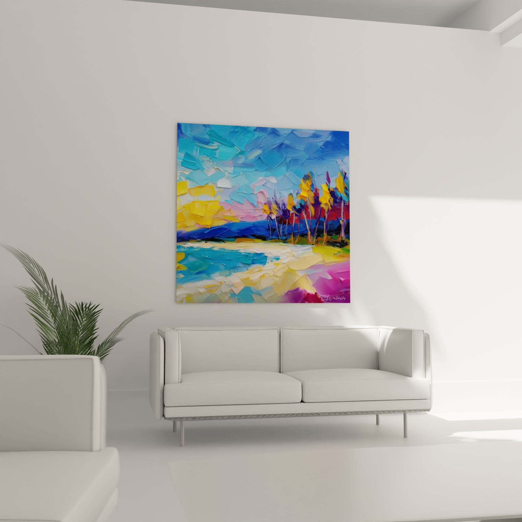 Détail texture empâtement tableau plage tropicale, technique picturale palmiers colorés