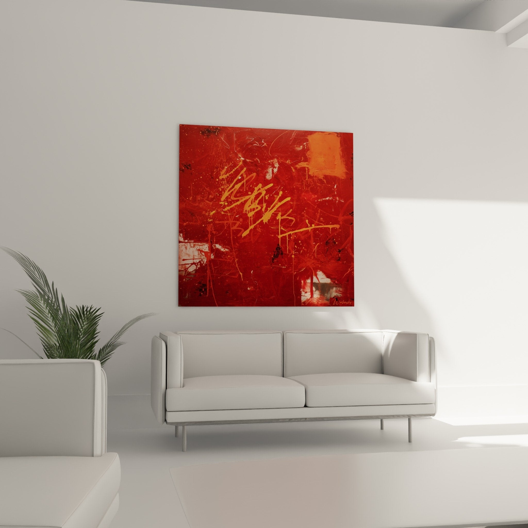 Détail texture peinture rouge carmin orange vif coulures dorées œuvre abstraite feng shui