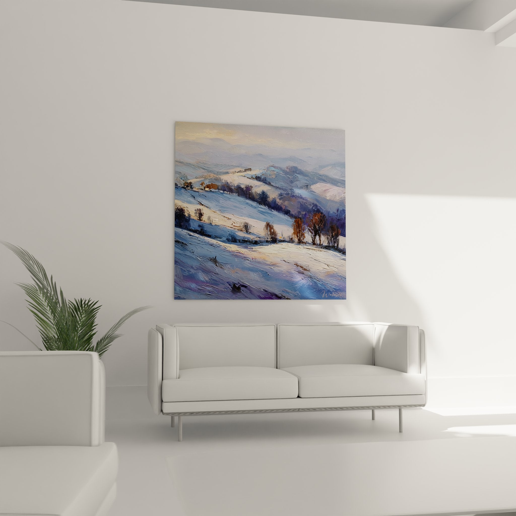 Détail gros plan tableau enneigé, texture peinture à l'huile, coups de pinceau visibles tons dorés