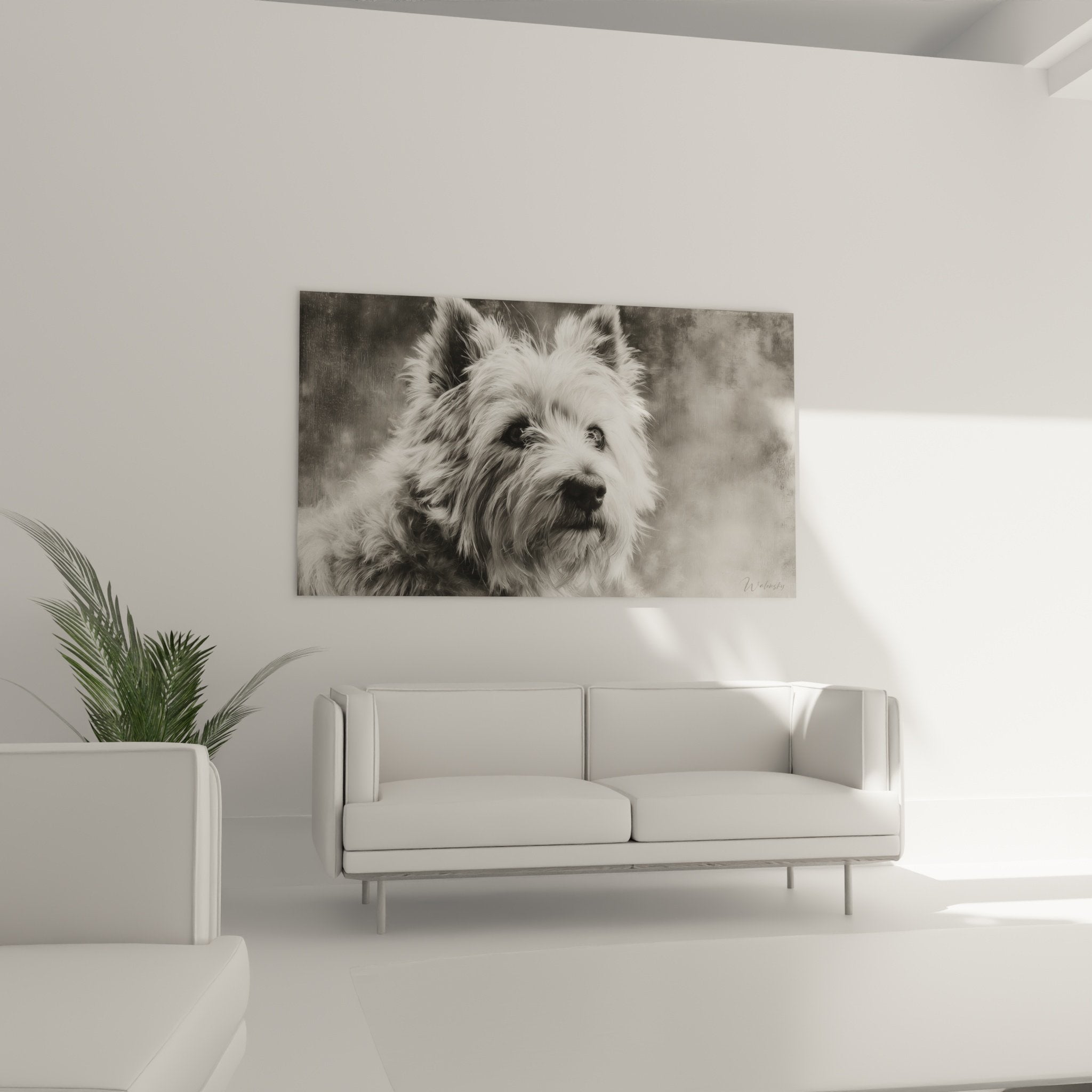 Detail portrait Cairn Terrier noir blanc texture pelage hirsute art mural photographie