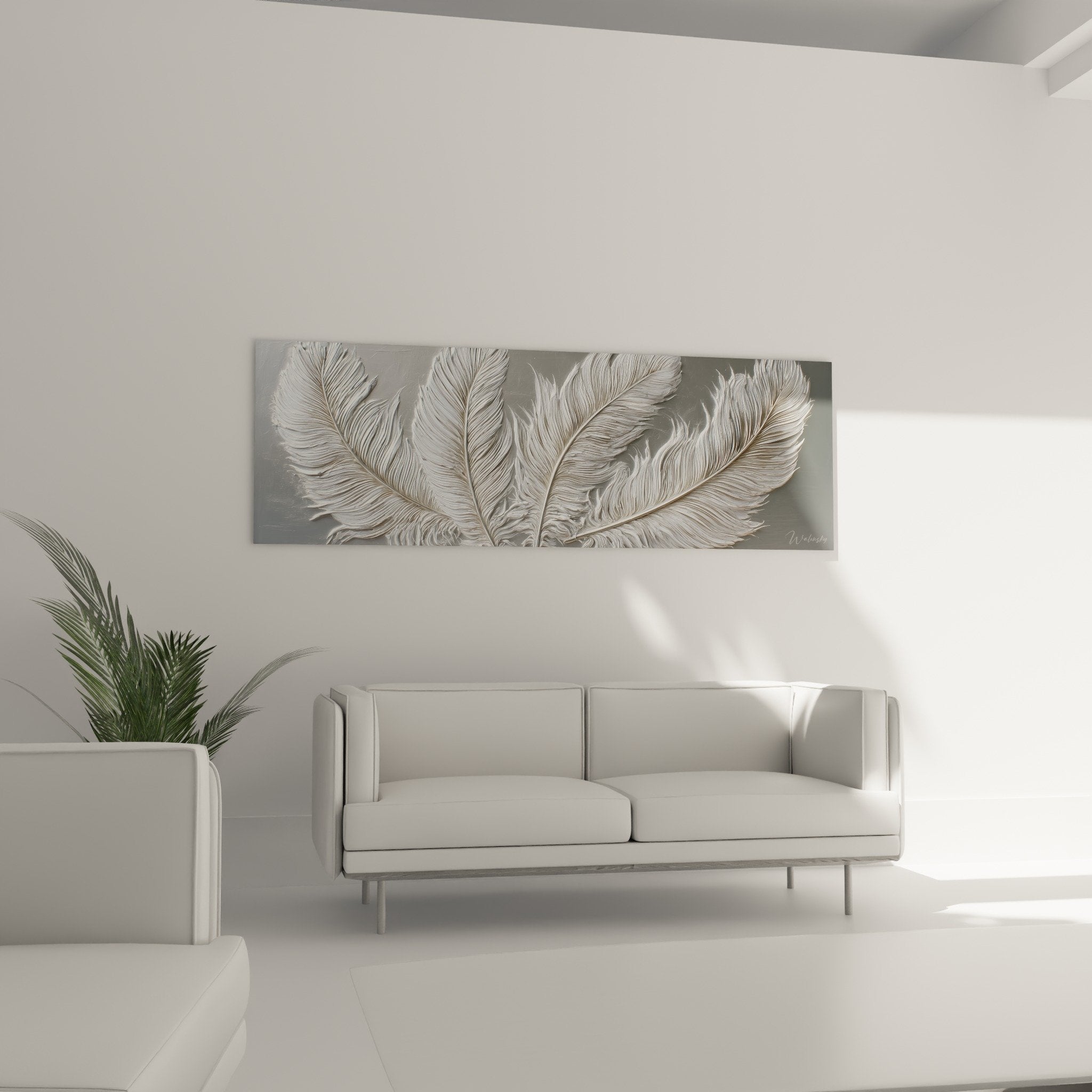White silver feathered texture relief detail feng shui wall sculpture west metal