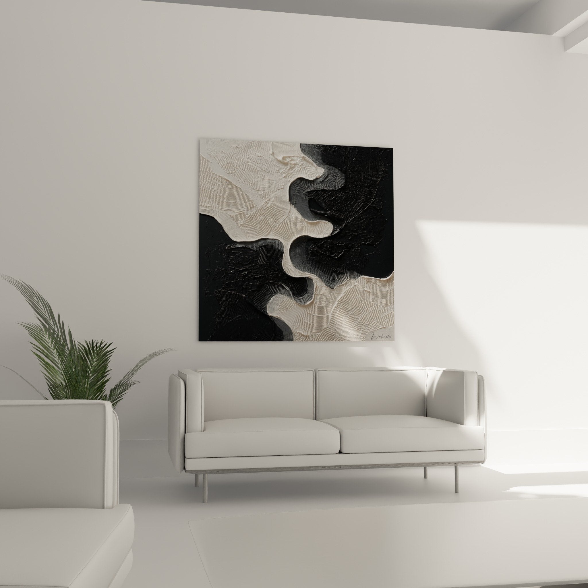 Detail texture relief peinture abstraite noir blanc mouvements fluides feng shui nord-ouest