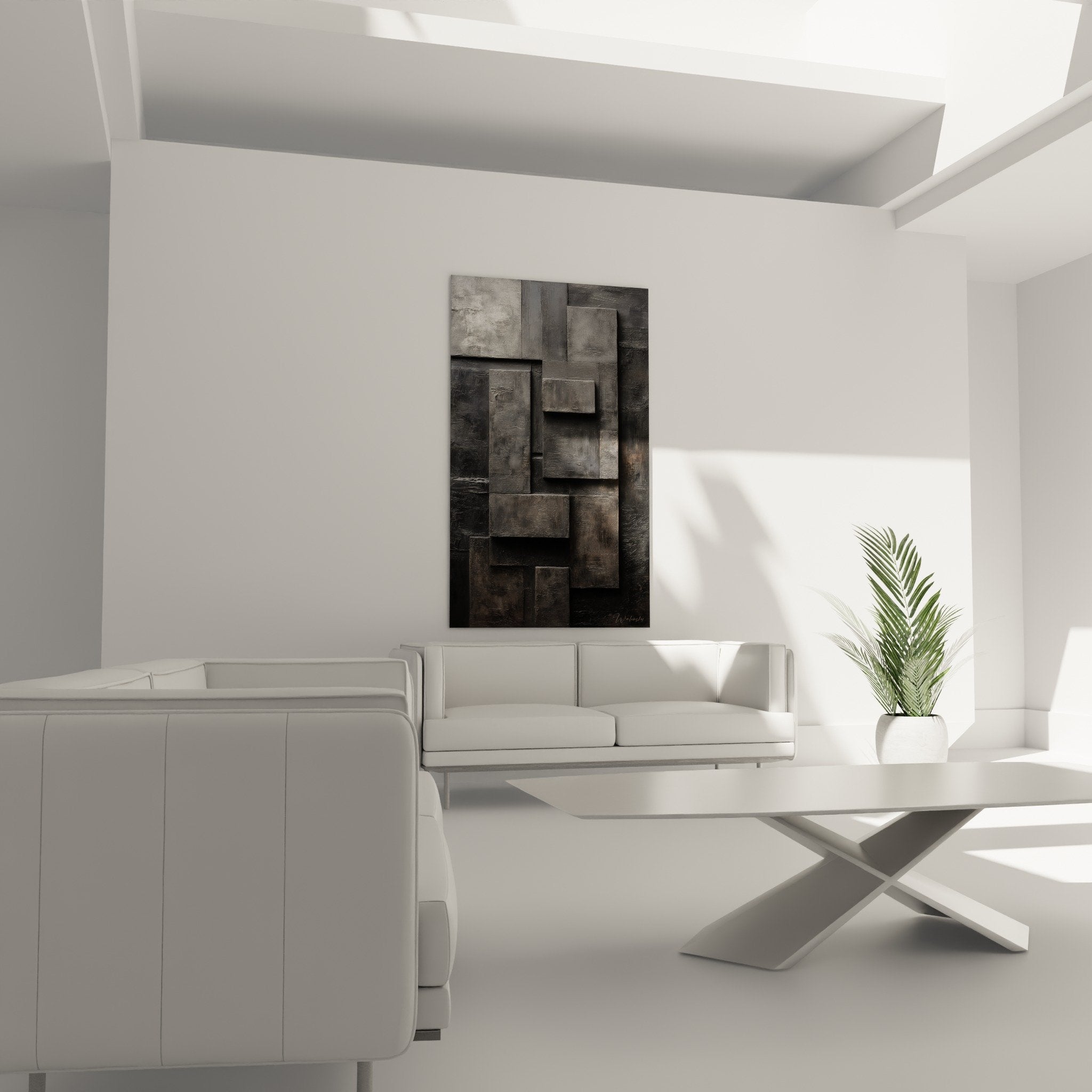 Detail relief tableau geometrique texture metallique gris anthracite volumes abstraits composition feng shui metal