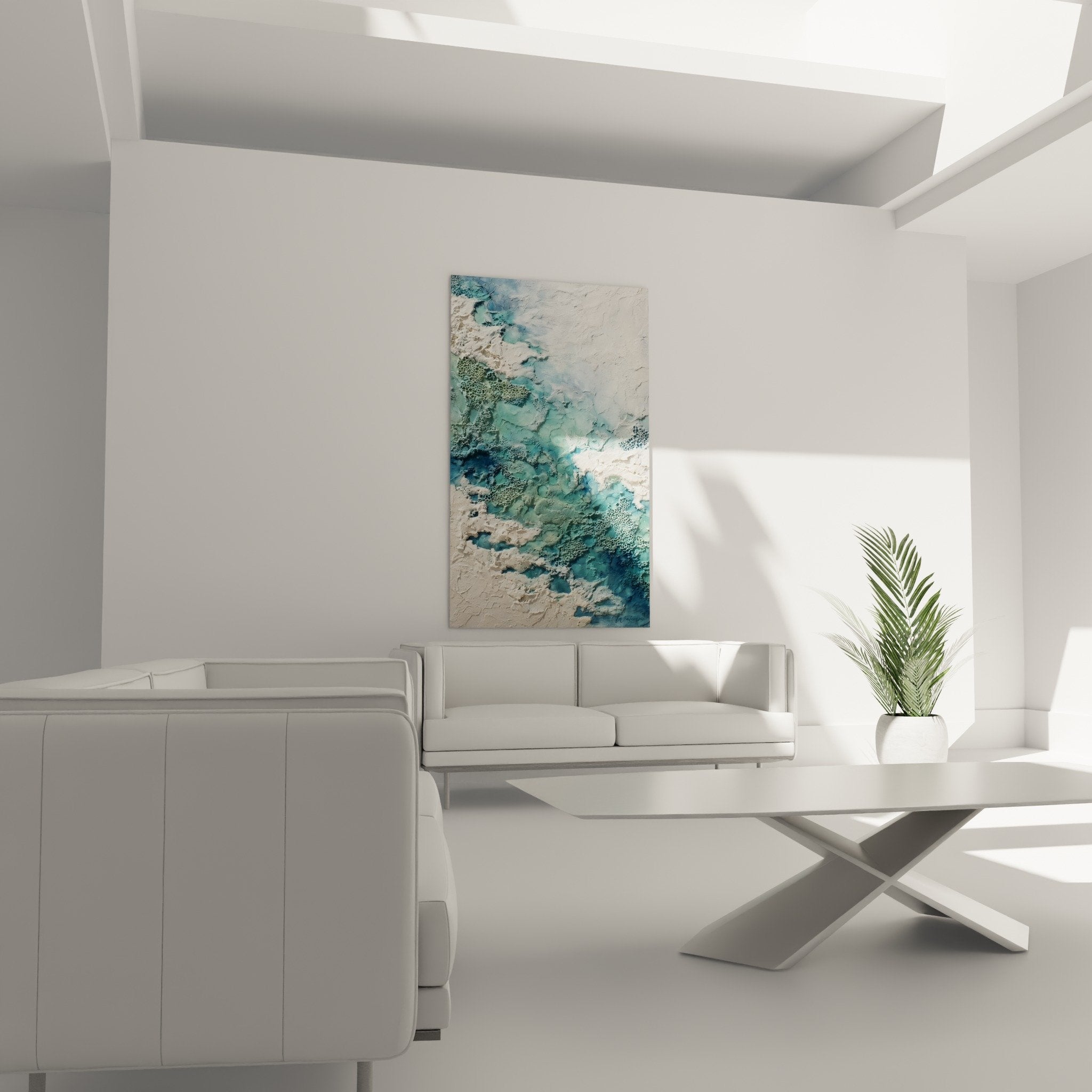 Detail texture relief peinture abstraite bleu turquoise blanc nacre coraux