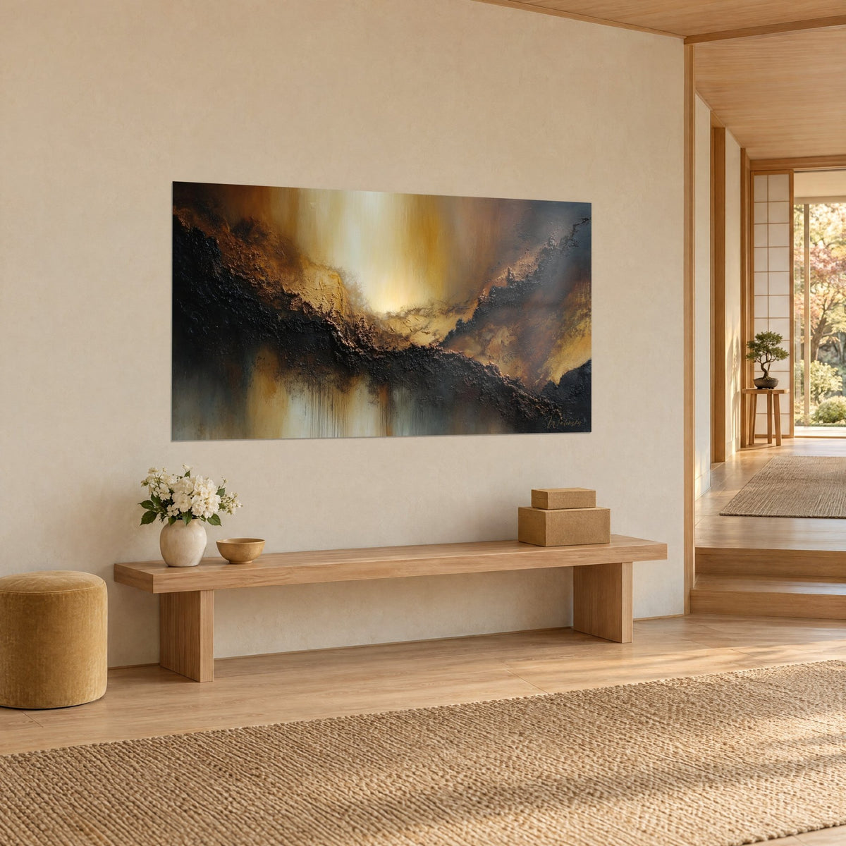 Wall art dark cracked earth under a pale golden glow, ochre and brown, cream wall of a Japandi hallway