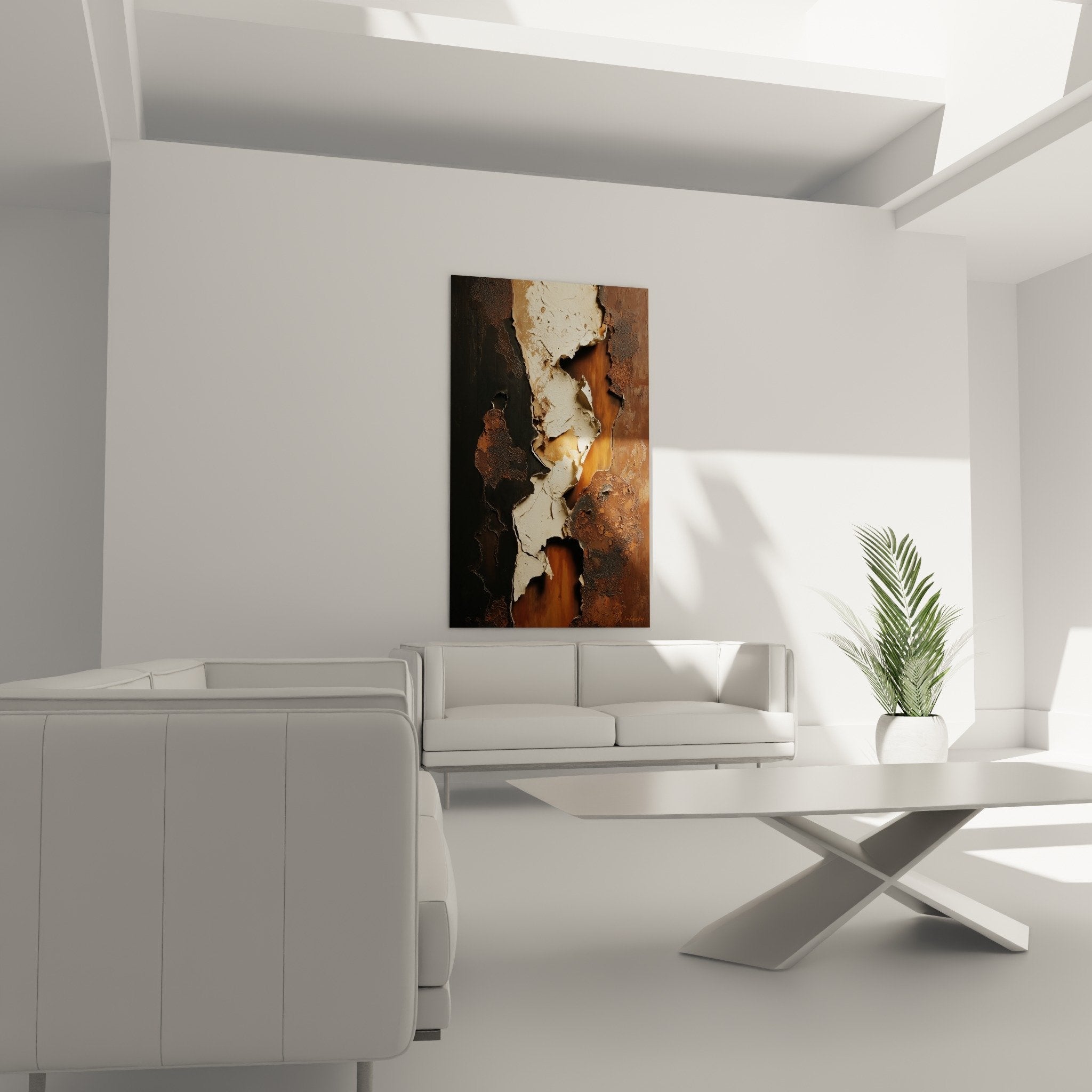 Gros plan texture relief matières écorchées tableau abstrait ocre brun détails sculpturaux feng shui