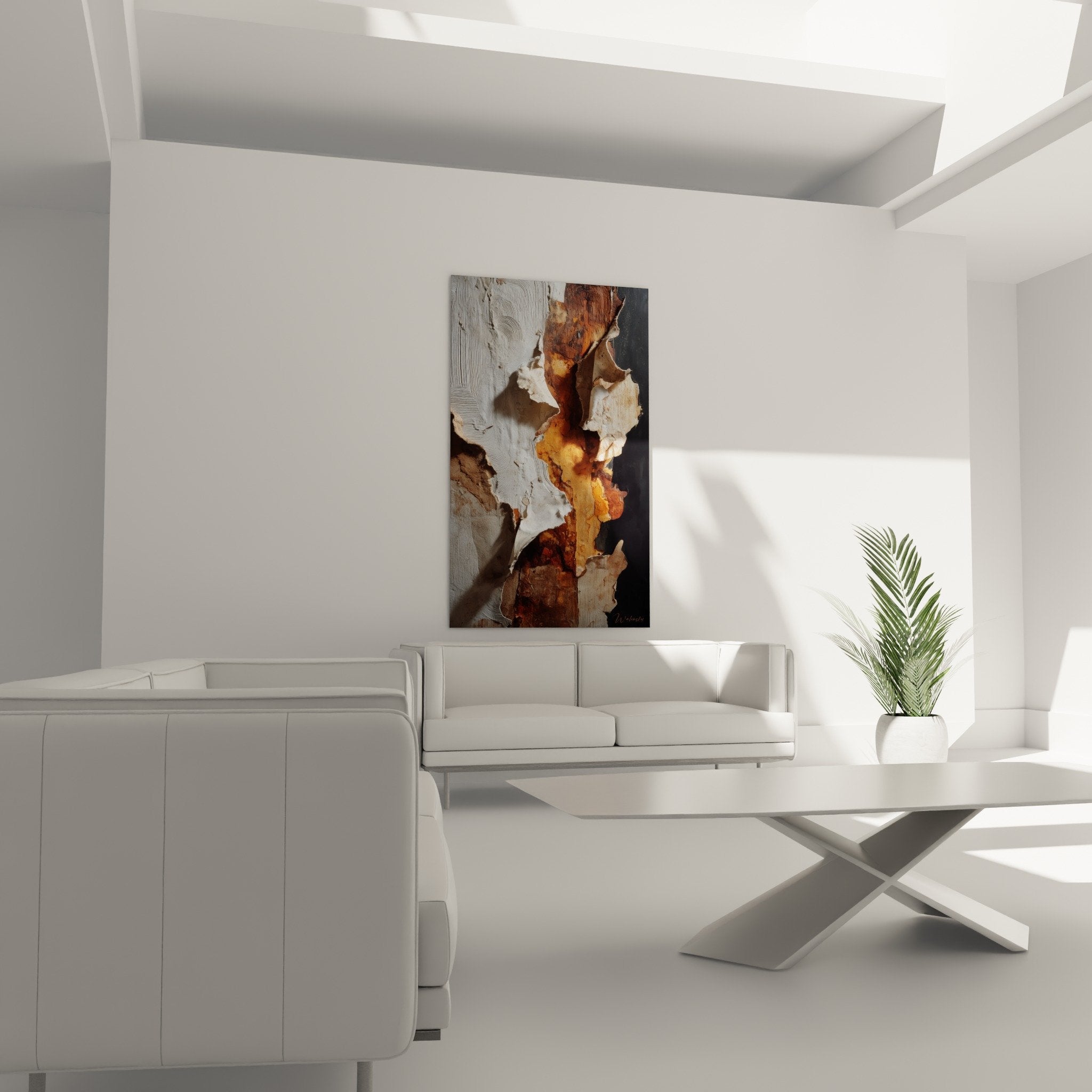Detail texture relief tableau abstrait matiere ocre blanche sculpture murale feng shui terre